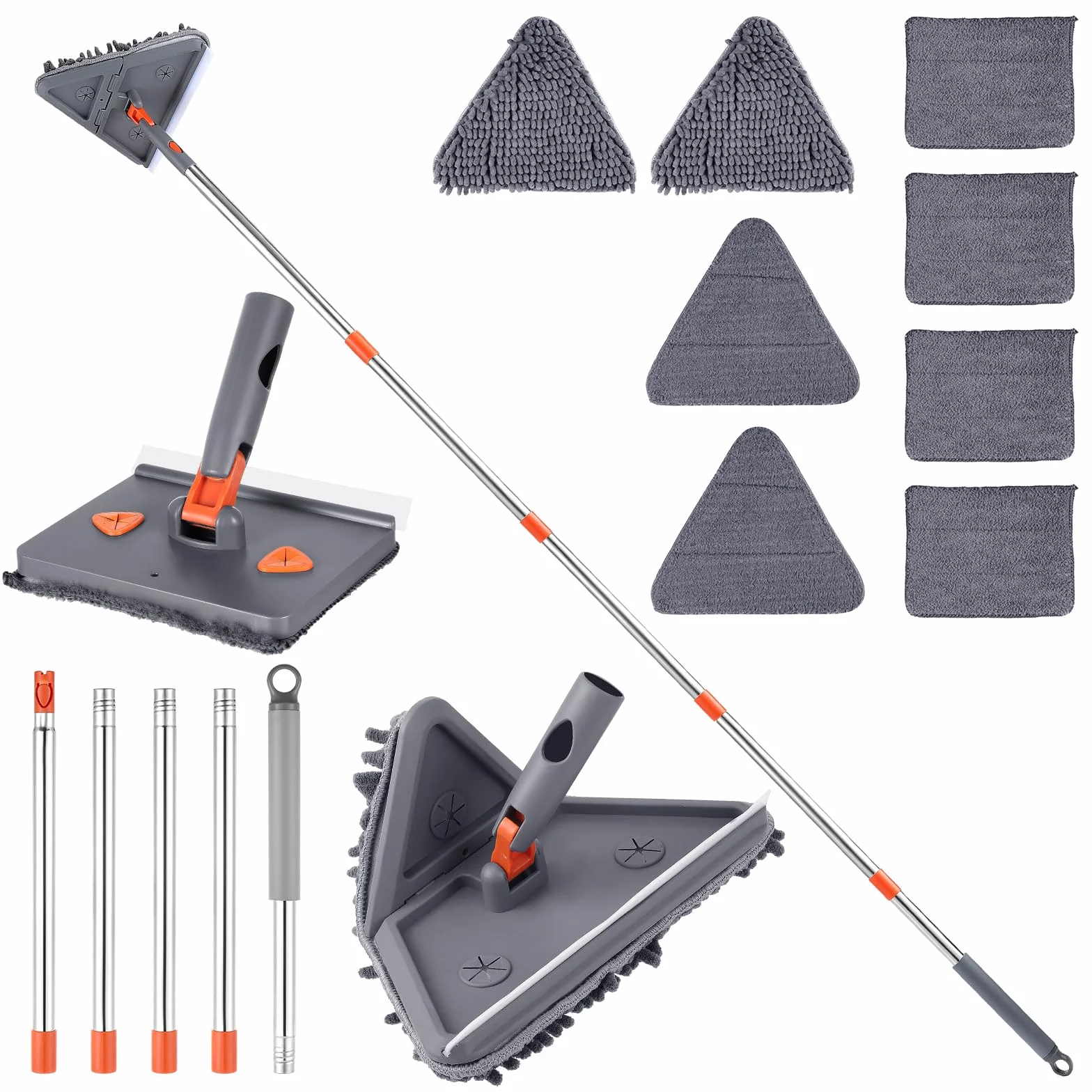 Regulowany trójkątny mop, mop do czyszczenia z długim uchwytem 200 cm, wysuwany mop do czyszczenia, regulowany mop obrotowy o 180°, mop do czyszczenia z 8 podkładkami podłogowymi, ścianą