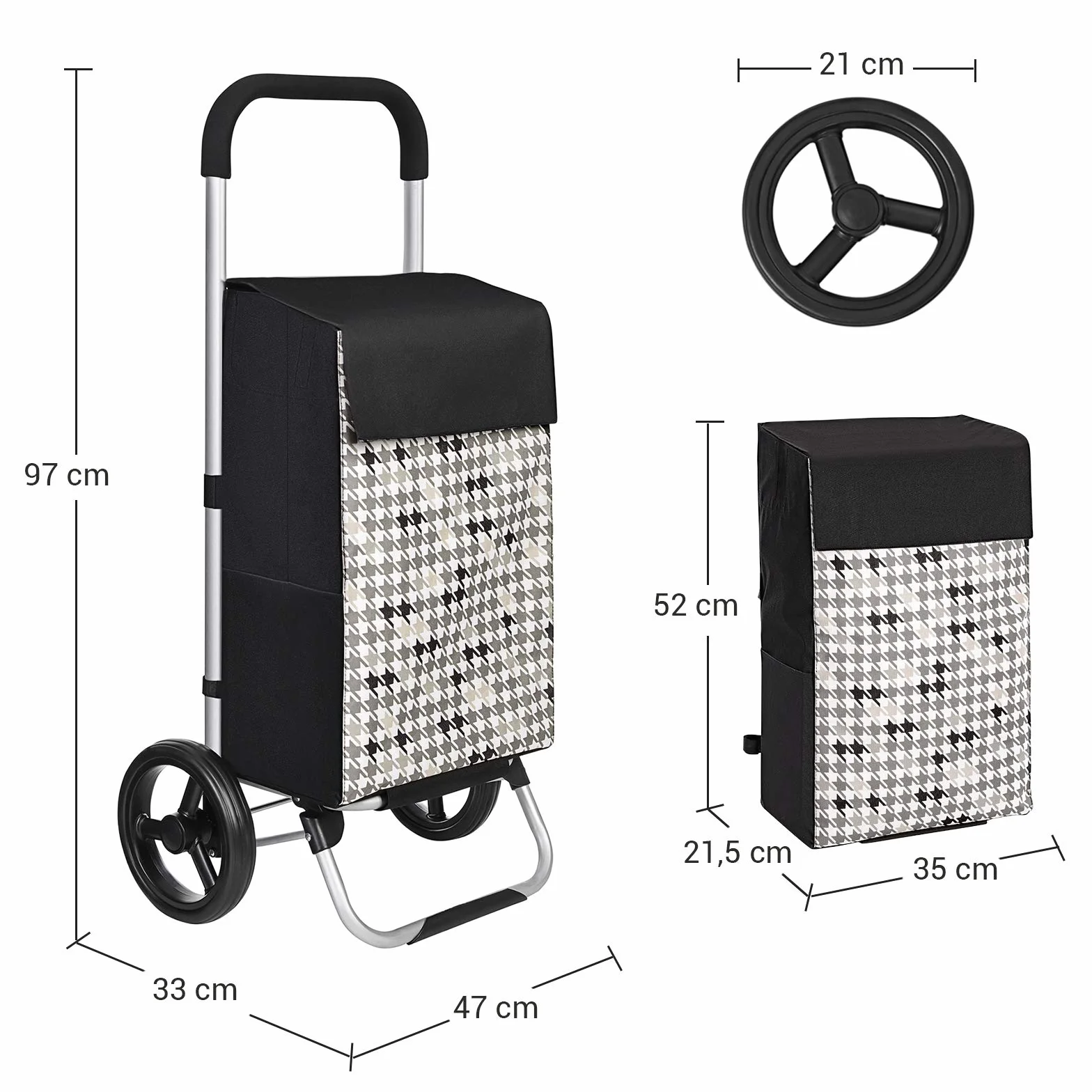 SONGMICS Wózek na zakupy, z kółkami, pojemność 40 l, z kieszeniami, ciche koła i haczyki, 33 x 47 x 97 cm, z wzorem w pepitkę, czarny KST06BF