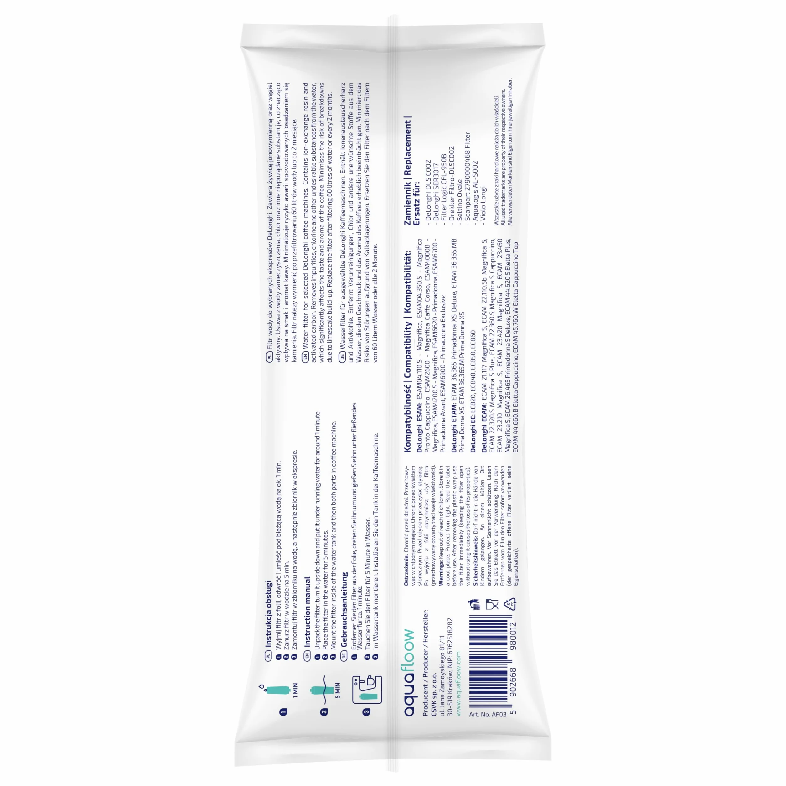 Aquafloow Filtr wody kompatybilny z DeLonghi DLSC002 i Odkamieniacz EcoDecalk 500ml Zestaw konserwacyjny do ekspresów Magnifica S Evo Dinamica