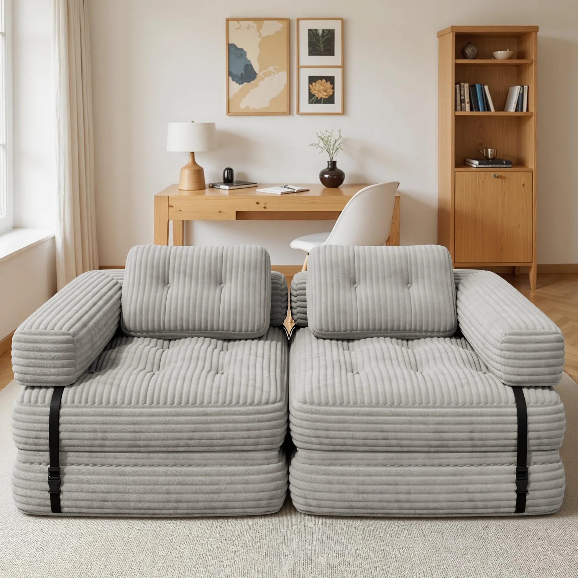 Xbro Składana sofa z podłokietnikiem w kształcie litery L, składany fotel 2 w 1 przenośny do małych przestrzeni, sztruksowa tkanina z wypełnieniem piankowym, 190 x 85 cm rozłożony (jasnoszary)