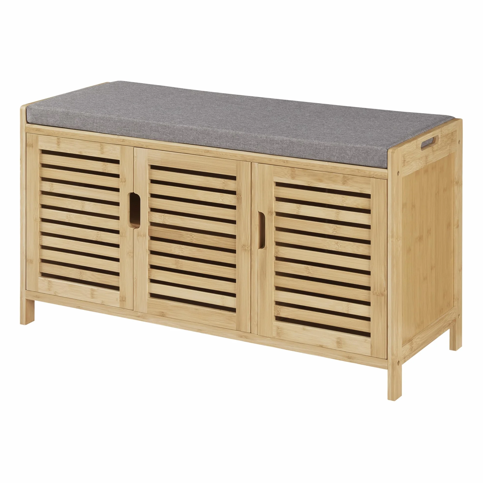 [en.casa] Selk szafka na buty z miejscem do przechowywania, ławka na buty z 3 drzwiami i 1 półką, 50 x 90 x 35 cm, tapicerowane siedzisko, bambus, kolor naturalny