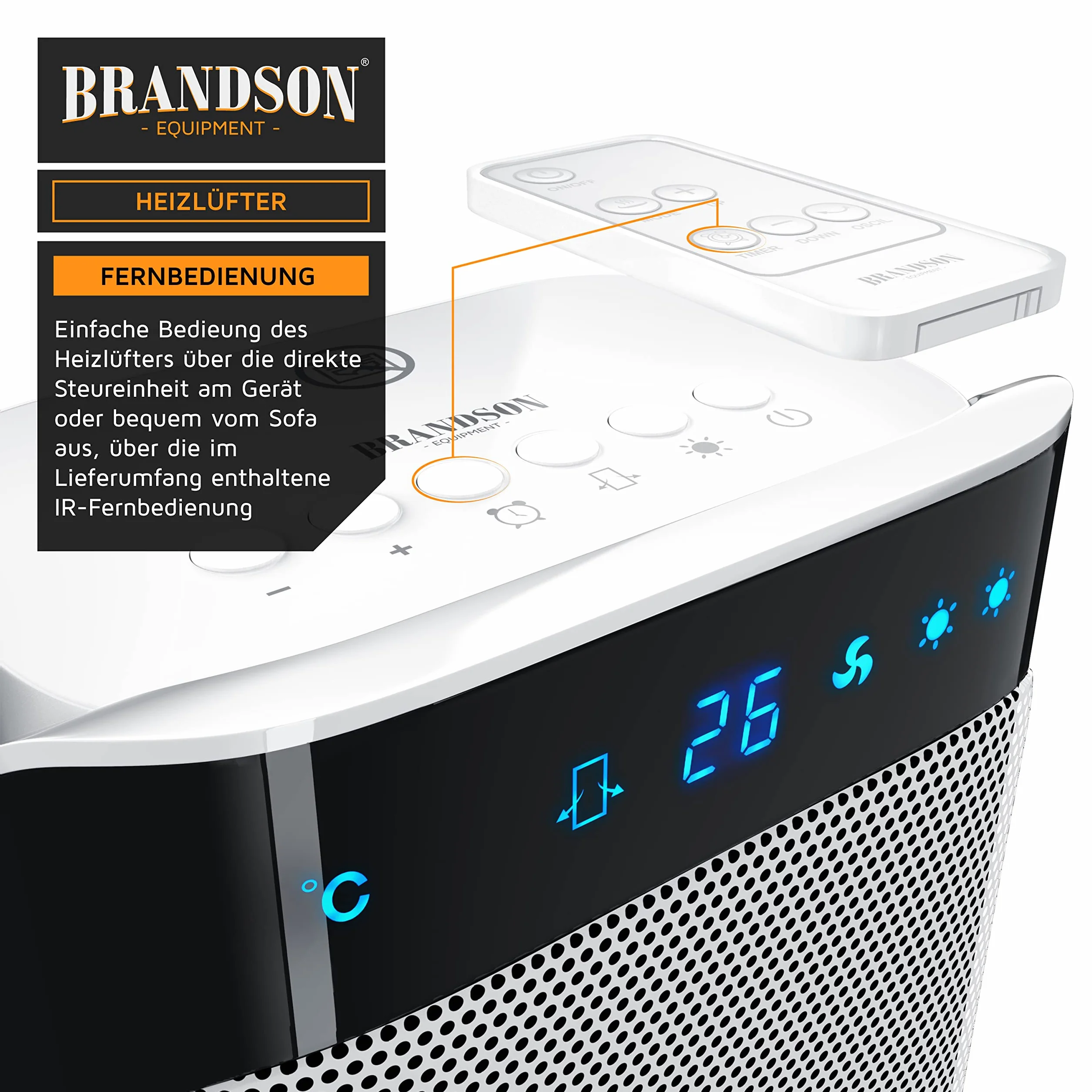 Brandson Ceramiczny Termowentylator z Pilotem Zdalnego Sterowania, 2000W, 42 x 18 x 14 cm