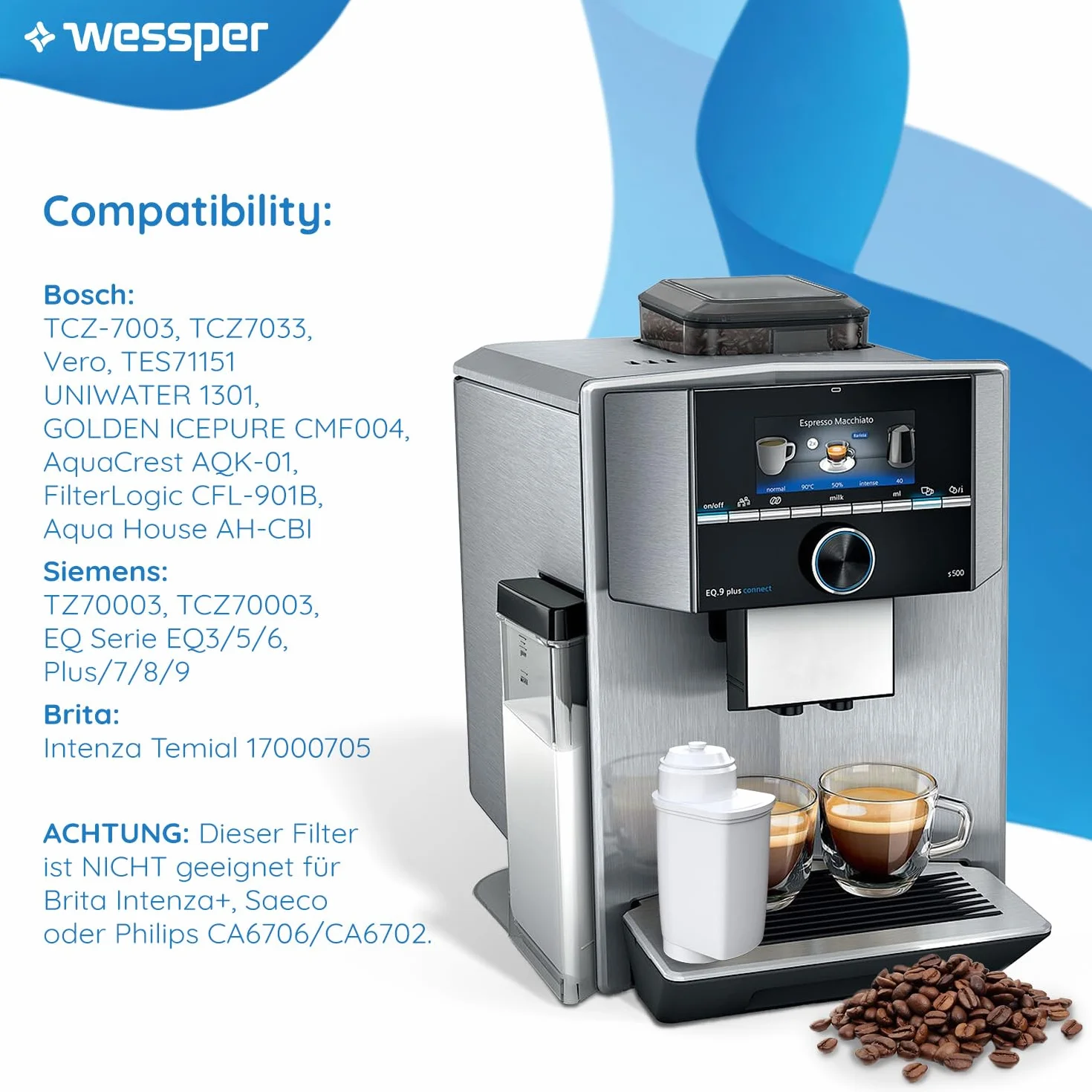 Wessper Wkłady Filtrujące Wodę do Ekspresu do Kawy 6 Sztuk – Zamiennik Brita Intenza TZ70003/TCZ7003 – Kompatybilny z Siemens EQ3 EQ5 EQ6 EQ9, Bosch, Neff, Gaggenau