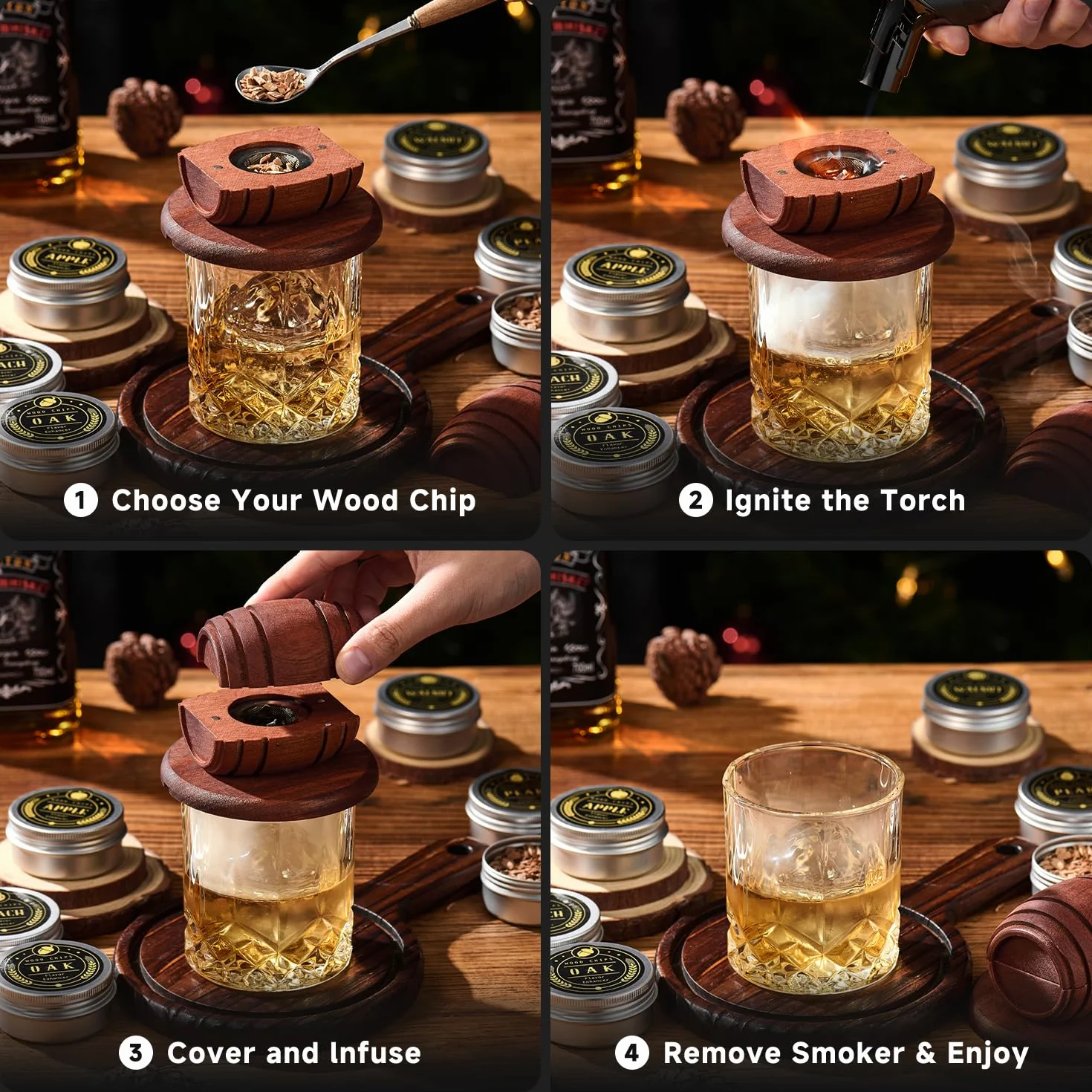 Zestaw do wędzarni whisky z latarką, 6 smaków, 2 szklanki, 2 foremki do lodów, zaparczacz do koktajli, staromodny zestaw do wędzania napojów, prezenty urodzinowe dla mężczyzn, taty
