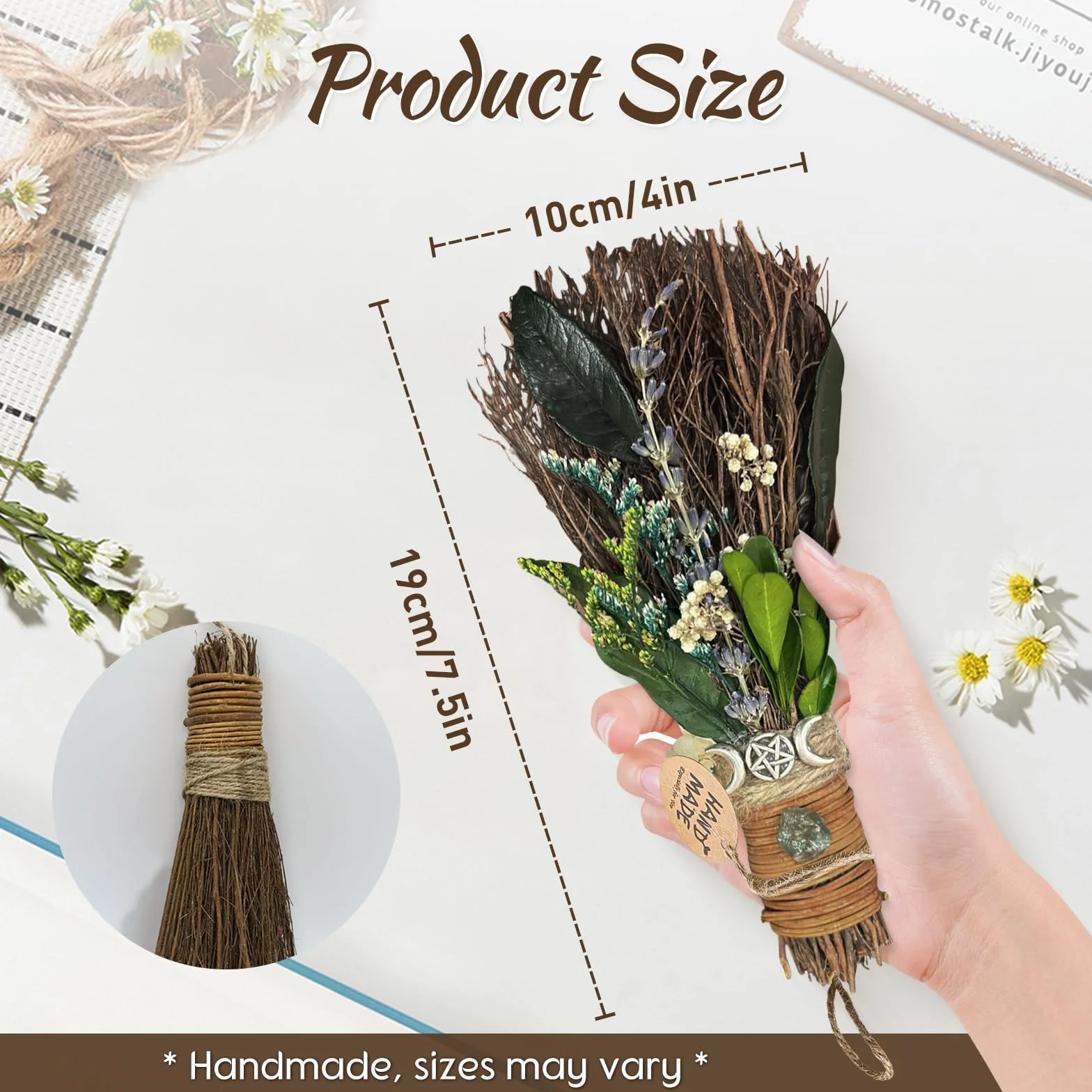 Miotła cynamonowa 19 cm, mini impreza tematyczna, dekoracyjna miotła z suszonymi kwiatami, miotła czarownica, wicca, naturalny magiczny kryształ, akcesoria na magiczne ceremonie, ręcznie robiona