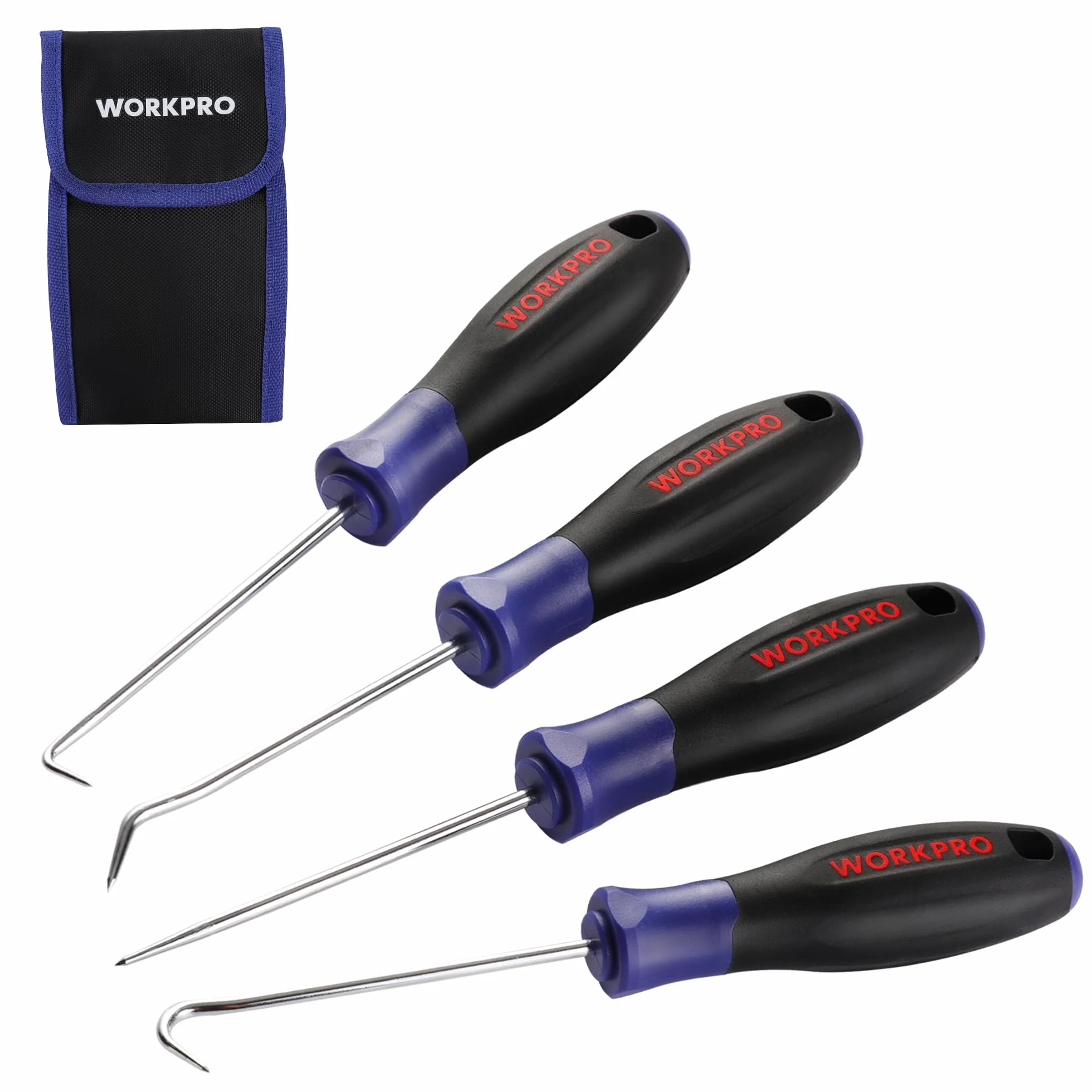 WORKPRO 4-Piece Precision Pick and Hook Set with Pouch, Angled Pick, Straight Pick, 90-degree Pick, Full Hook, Mini Pick Set Mechanic, Remove Small Fuses, Wire Plugs and "O" Rings, Gunsmith Tools