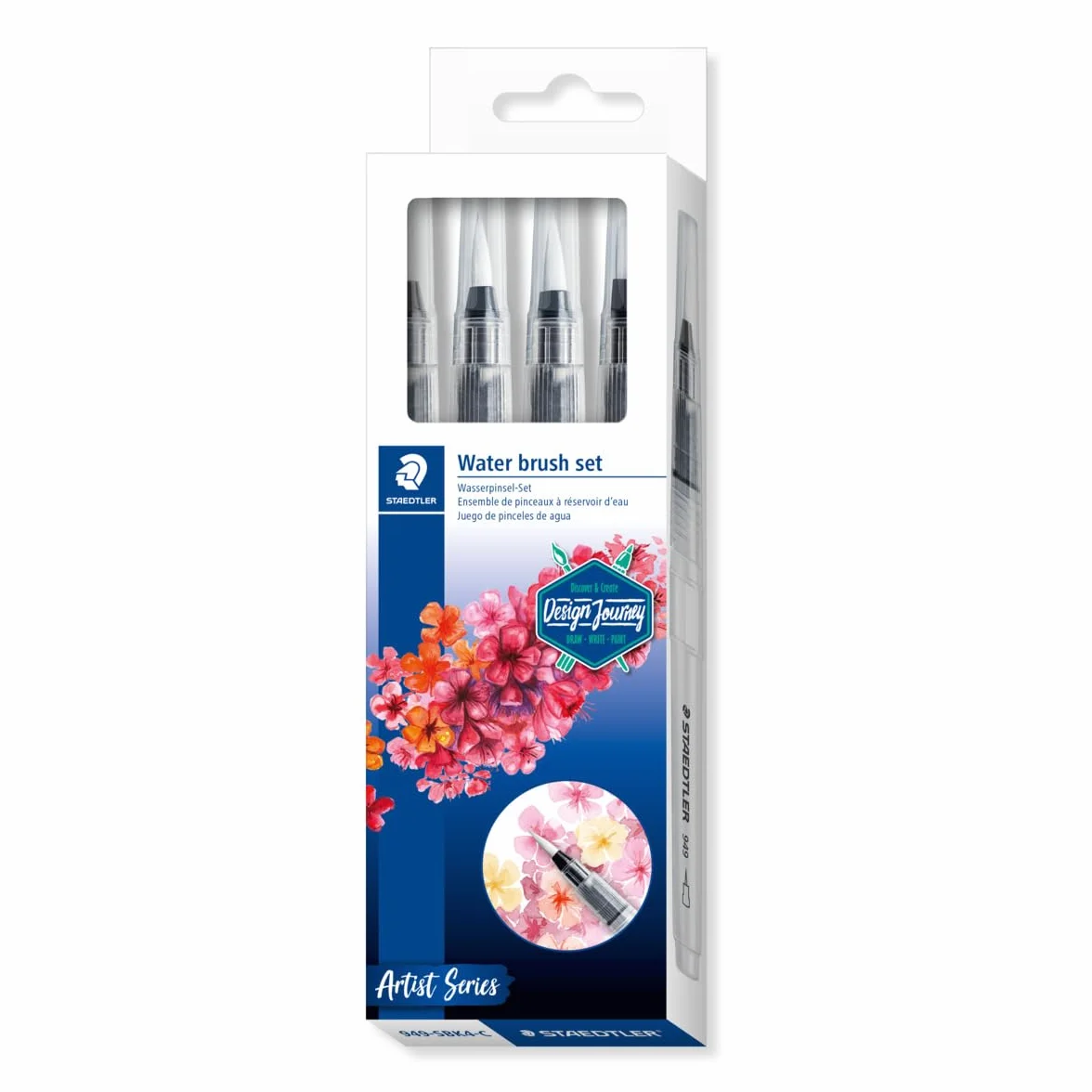 STAEDTLER 949-SBK4-C pędzel wodny (do akwareli, malowania i blendowania, równomierne odprowadzanie wody, wytrzymała nylonowa końcówka zapewnia stabilność kształtu, zestaw z 4 różnymi końcówkami)