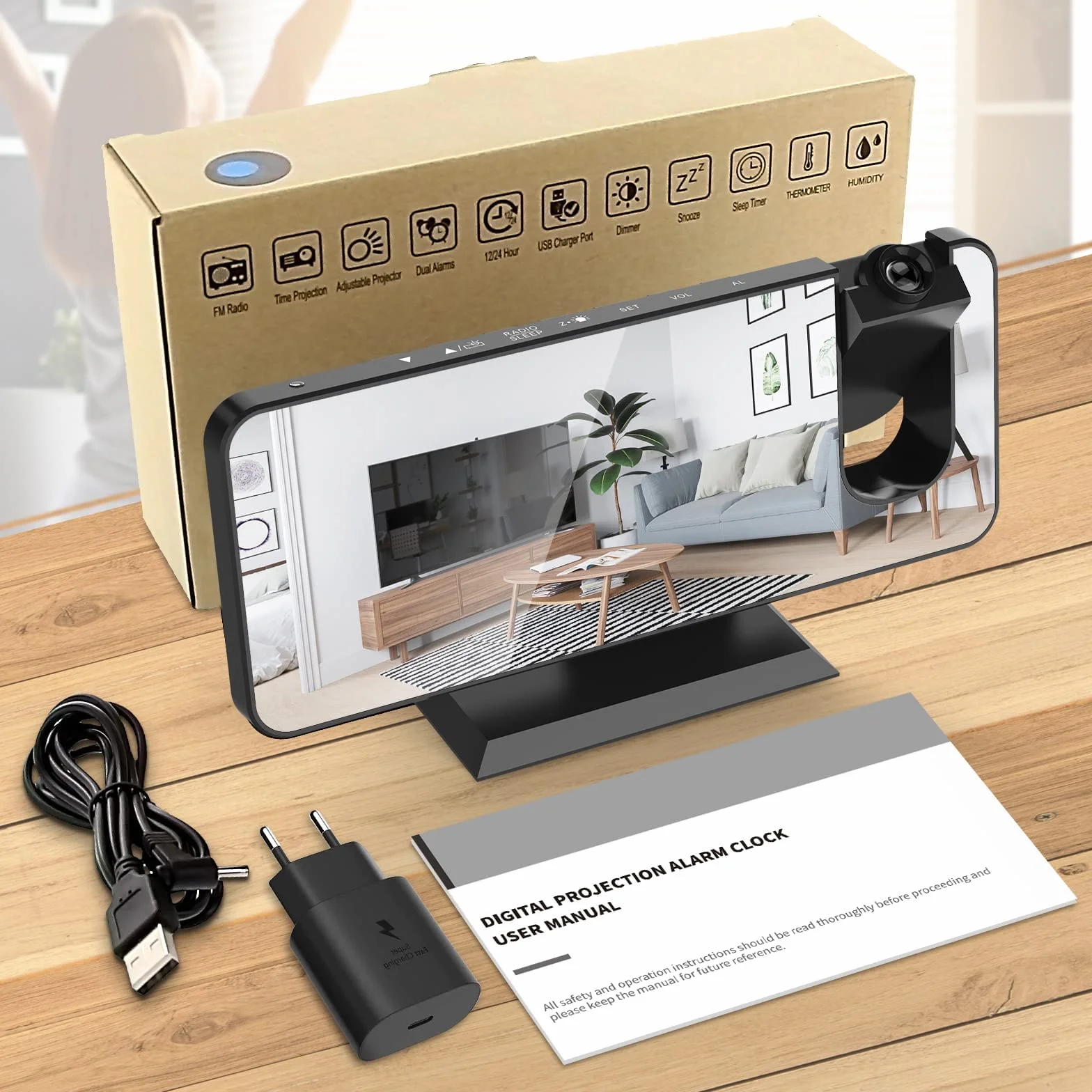 TAKRINK budzik cyfrowy z projekcją, 4 poziomy jasności, podwójny alarm 12/24 h, port USB