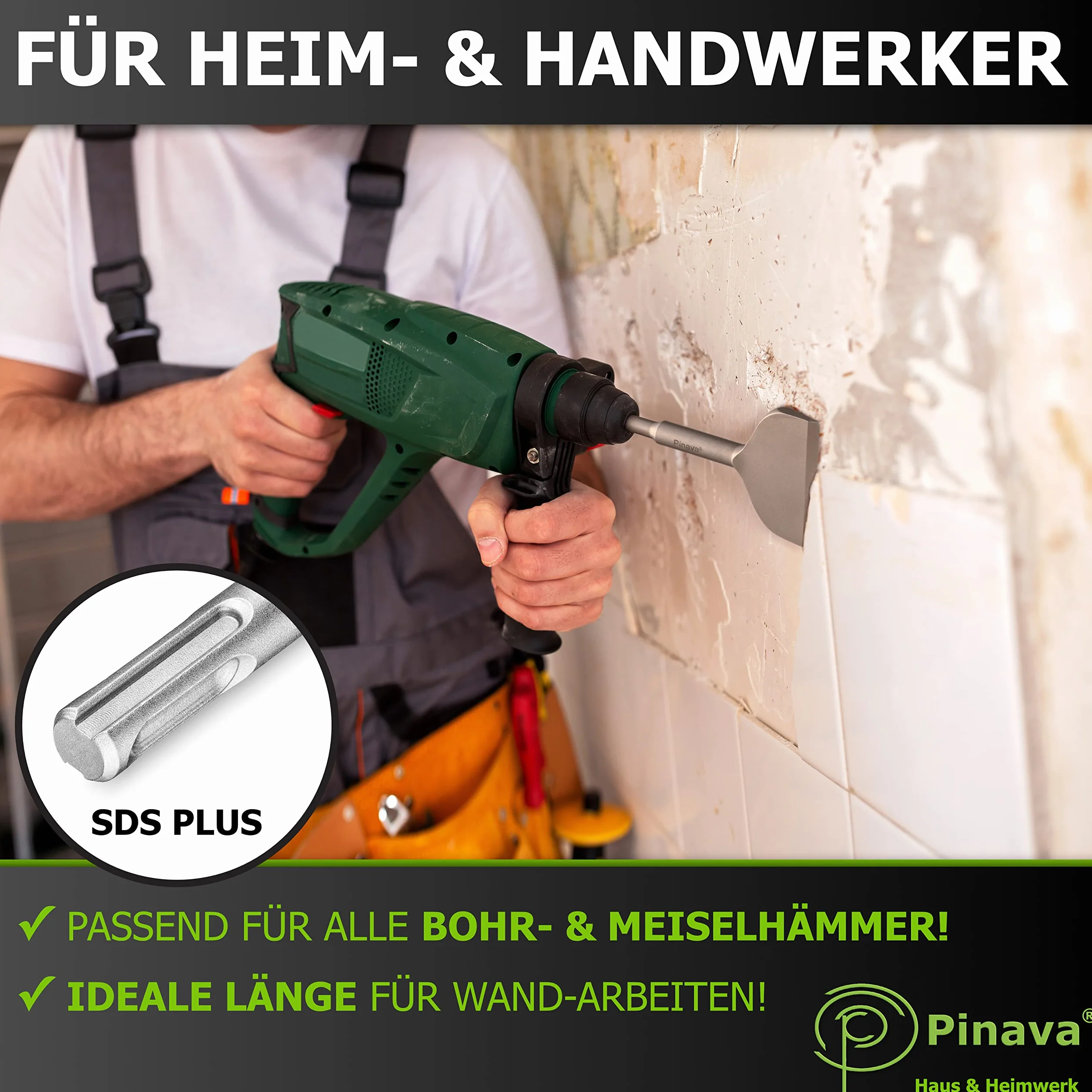 Pinava® Dłuto do płytek SDS Plus - Linia ROBUST - 165x75mm szerokość do wiertarki - Dłuto płaskie odgięte, specjalna stal 42CrMo - Trwałe i ostre - Do płytek, kleju do płytek, prac domowych