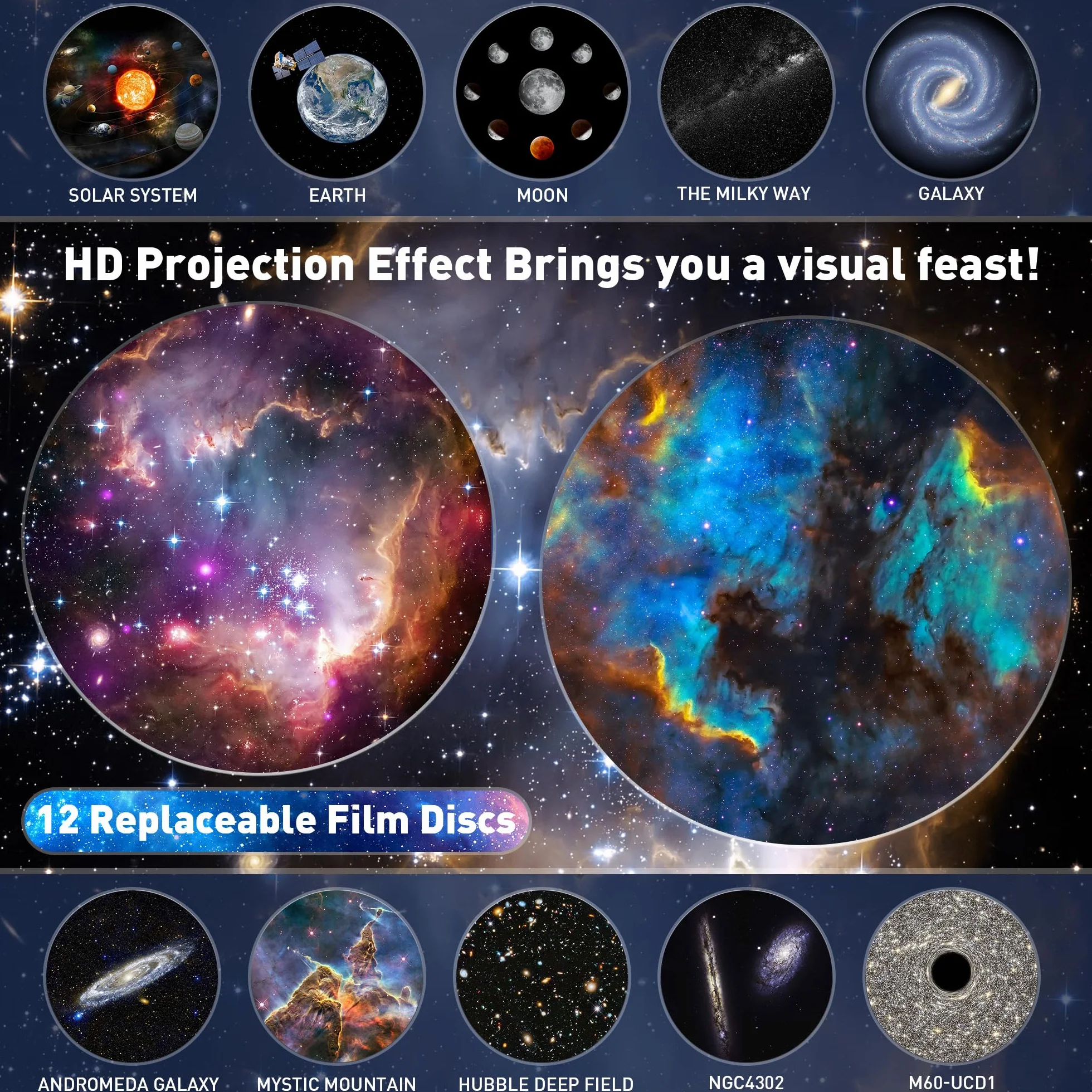 Macchiatto Projektor gwiaździstego nieba, planetarium, galaktyka, z 13 dyskami filmowymi. projektor oświetlenia nocnego 360°, obrotowy, na sufit, do sypialni, prezent dla dzieci i dorosłych