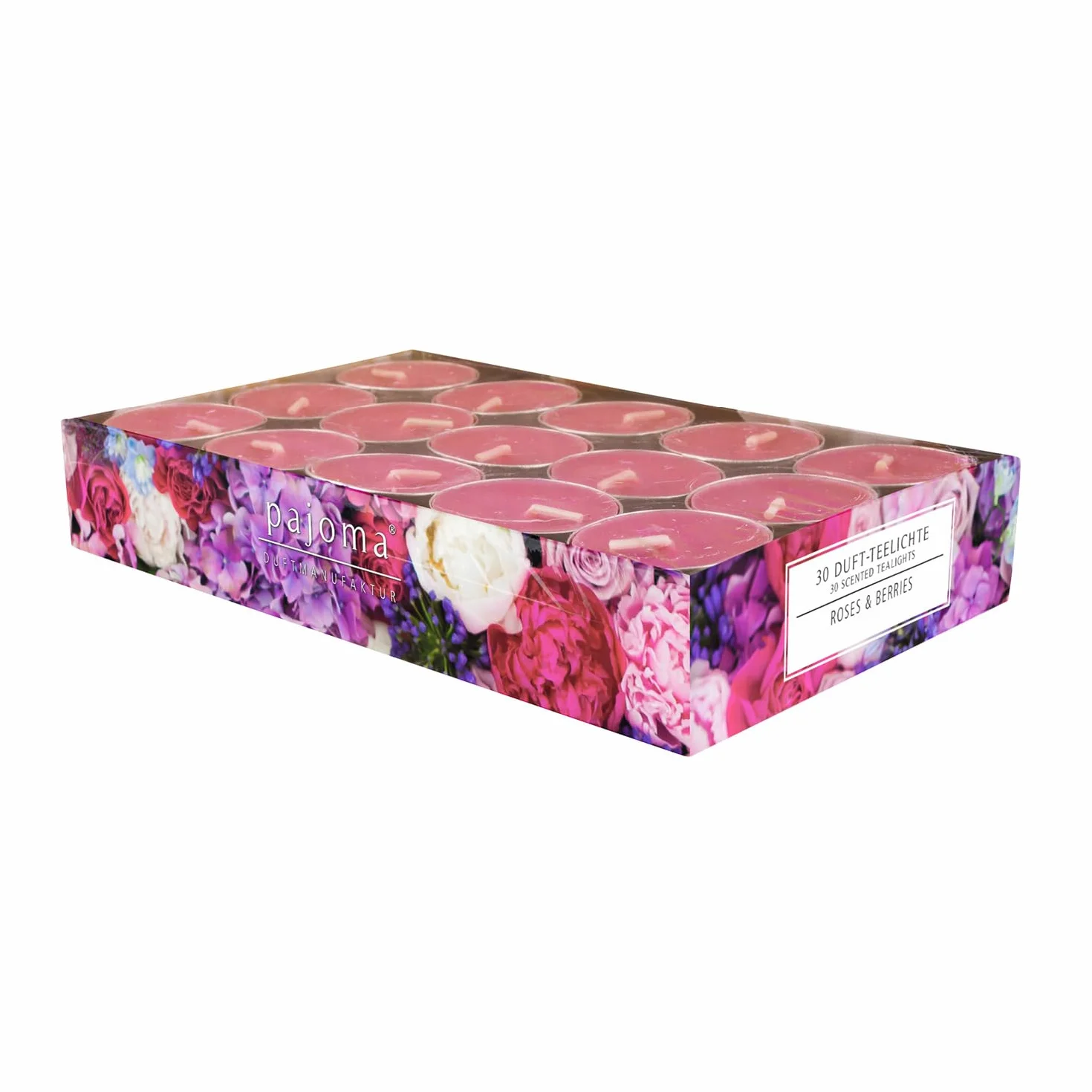 pajoma® Świece typu tealight, 30 sztuk, Roses & Berries, zapachowe podgrzewacze w aluminiowej osłonie, czas palenia ok. 4 godziny – wysokość 1,5 cm ø 3,5 cm | jakość premium | dekoracja, gastronomia,