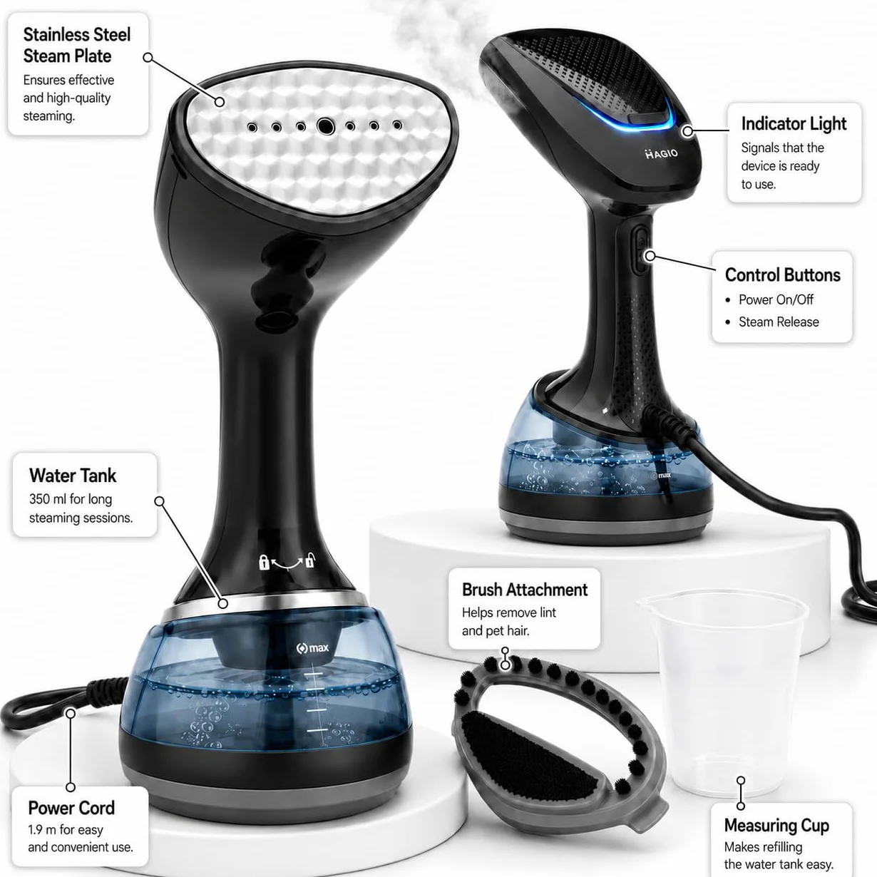 MAGIO Parownica ręczna 1700 W 28 g/min pary auto shut-off zbiornik 350 ml