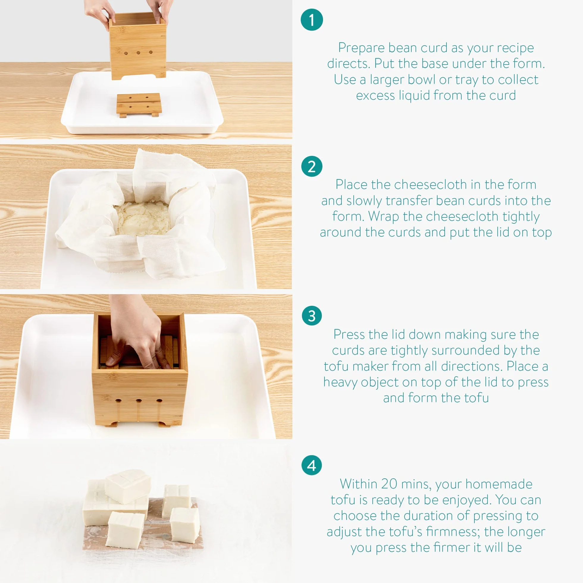 Navaris Bambusowy zestaw do robienia tofu – Forma do prasowania tofu do robienia świeżego domowego tofu, sera, tempeh – Zestaw do robienia tofu wykonany w 100% z naturalnego materiału