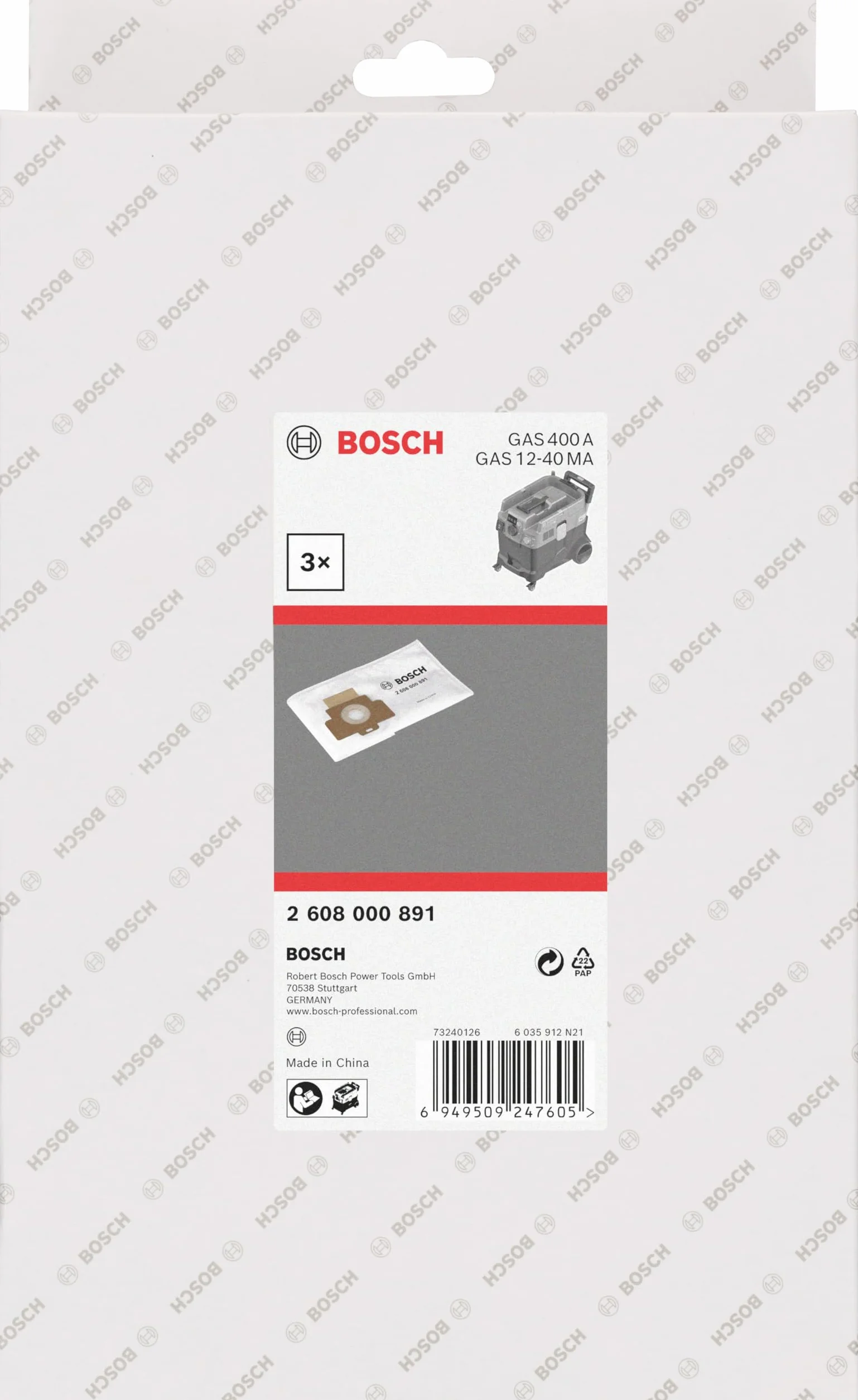 Bosch 3 x worek z włókniny PRO (do GAS 400 A i GAS 12-40 MA, profesjonalne akcesoria do odkurzacza)