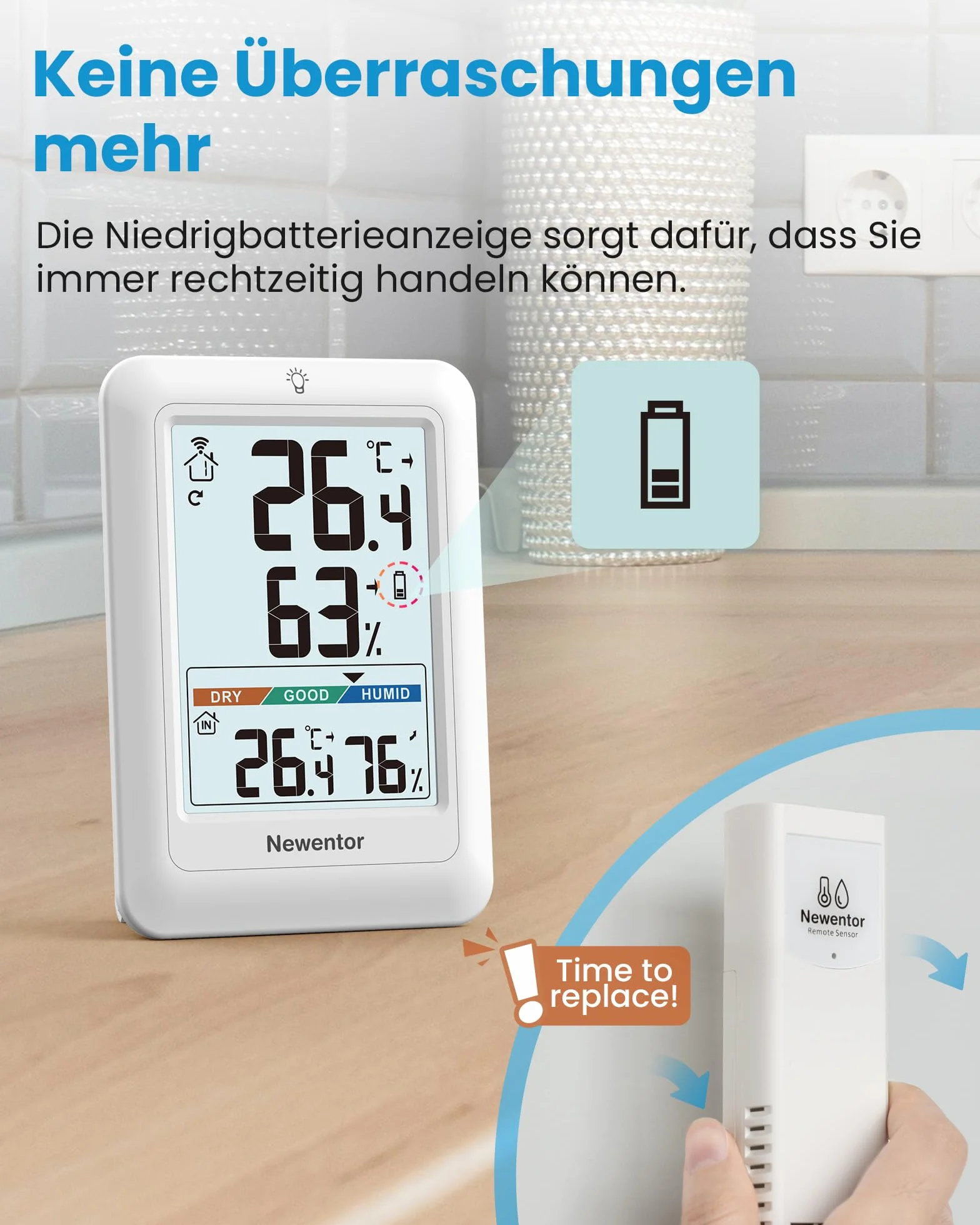 Newentor MAX MIN termometr do użytku wewnątrz i na zewnątrz, 24/48 godz., higrometr, miernik wilgotności powietrza z komfortem powietrza, stacja pogodowa radiowa z 2 czujnikami zewnętrznymi, termometr