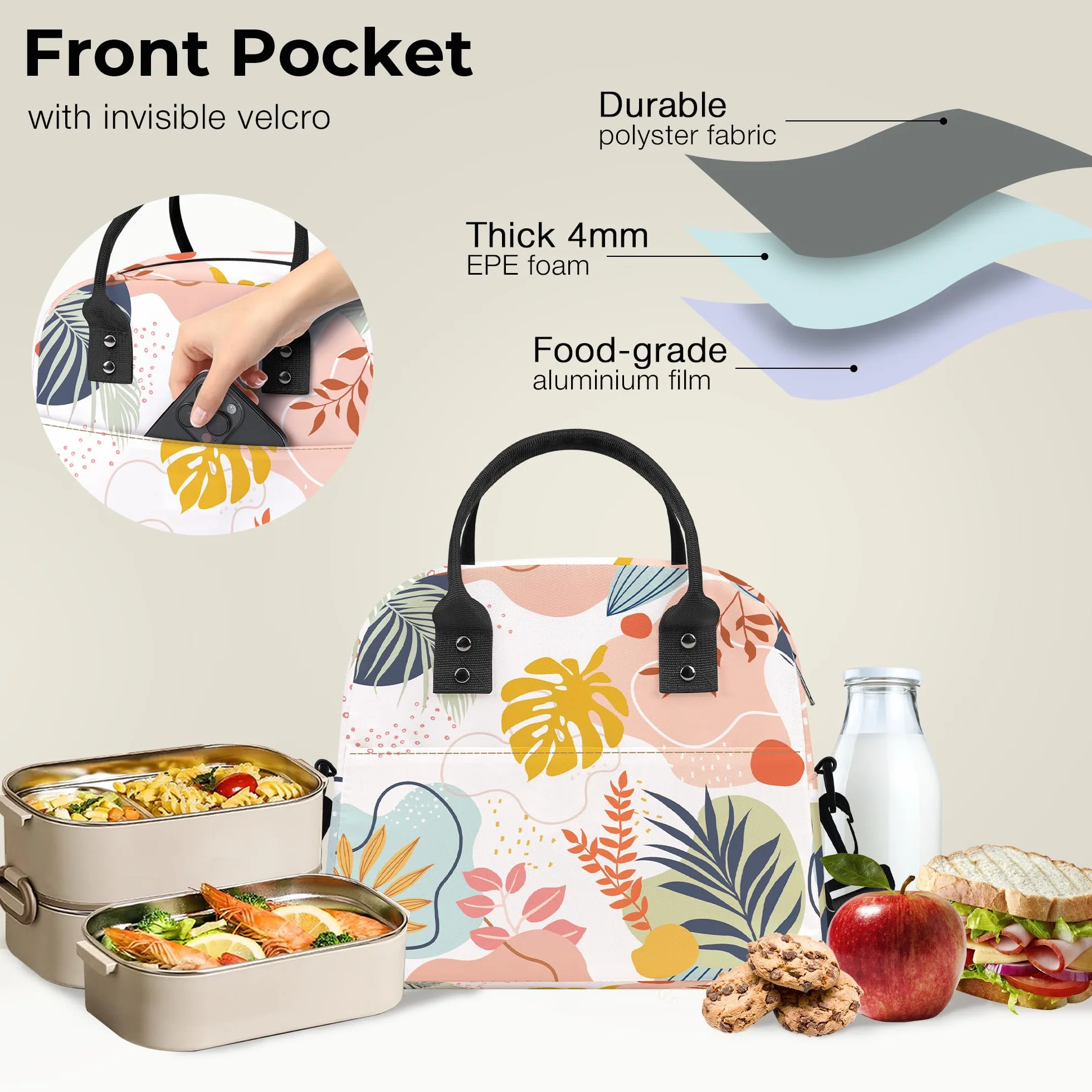 Clastyle Kwiatowa izolowana damska torba na lunch Liść dla dorosłych mała torba chłodząca na lunch dla kobiet torba na lunch do pracy, biura, piknik, Boho