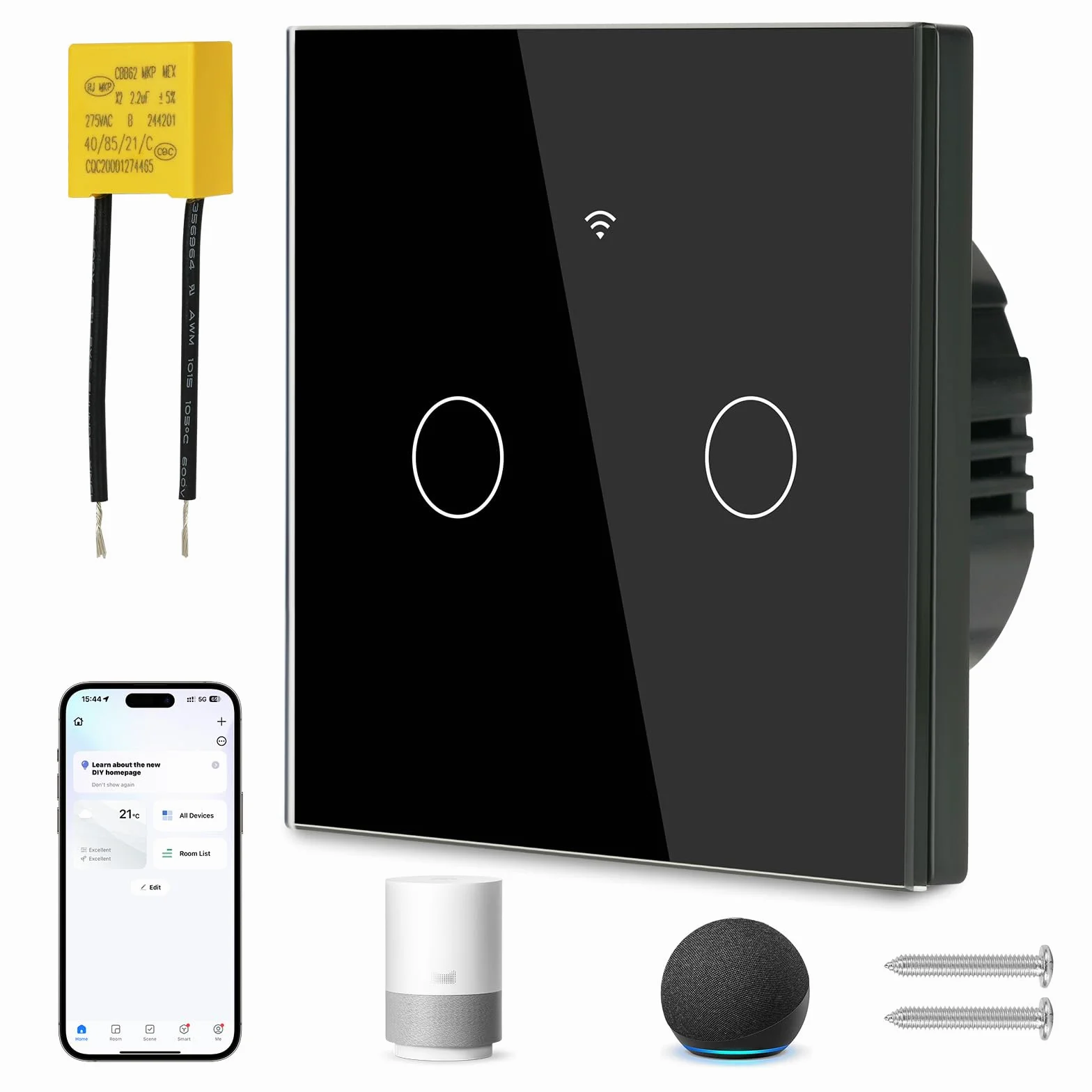 Ainiv Inteligentny włącznik światła WiFi, 2,4 GHz, obsługa Alexa Google Home, aplikacja Tuya, sterowanie głosem, szkło hartowane, dotykowa rama, przełącznik ścienny, podtynkowy, czarny