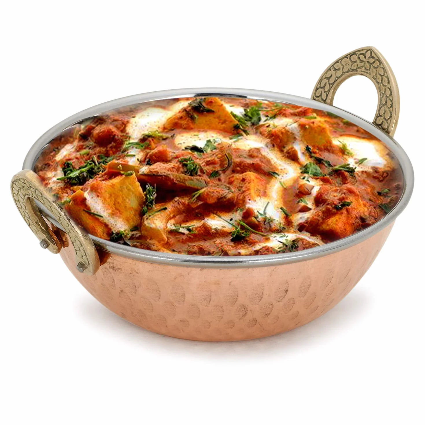 Zap Impex Indyjskie naczynie do serwowania, miedź i młotkowana stal nierdzewna Karahi do indyjskich potraw i curry, zestaw 2 sztuk, średnica 19 cm, srebro 8904295400458
