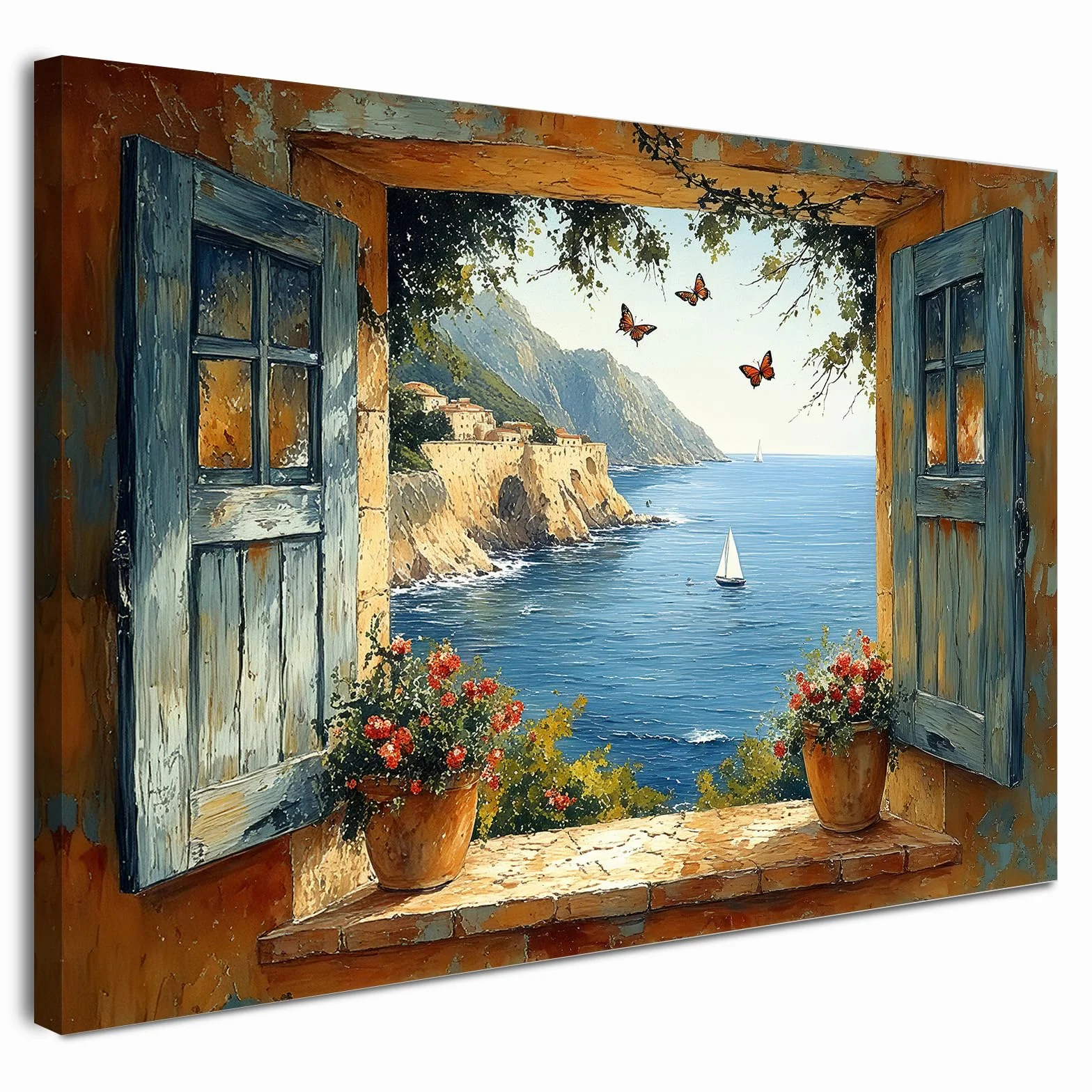 Alptiny Oprawiony obraz ścienny 30 x 40 cm, śródziemnomorski widok na okno, płótno do salonu, sypialni, kuchni, korytarza, wybrzeża, dekoracja z haczykami, gwoździami i magicznym mocowaniem na rzep
