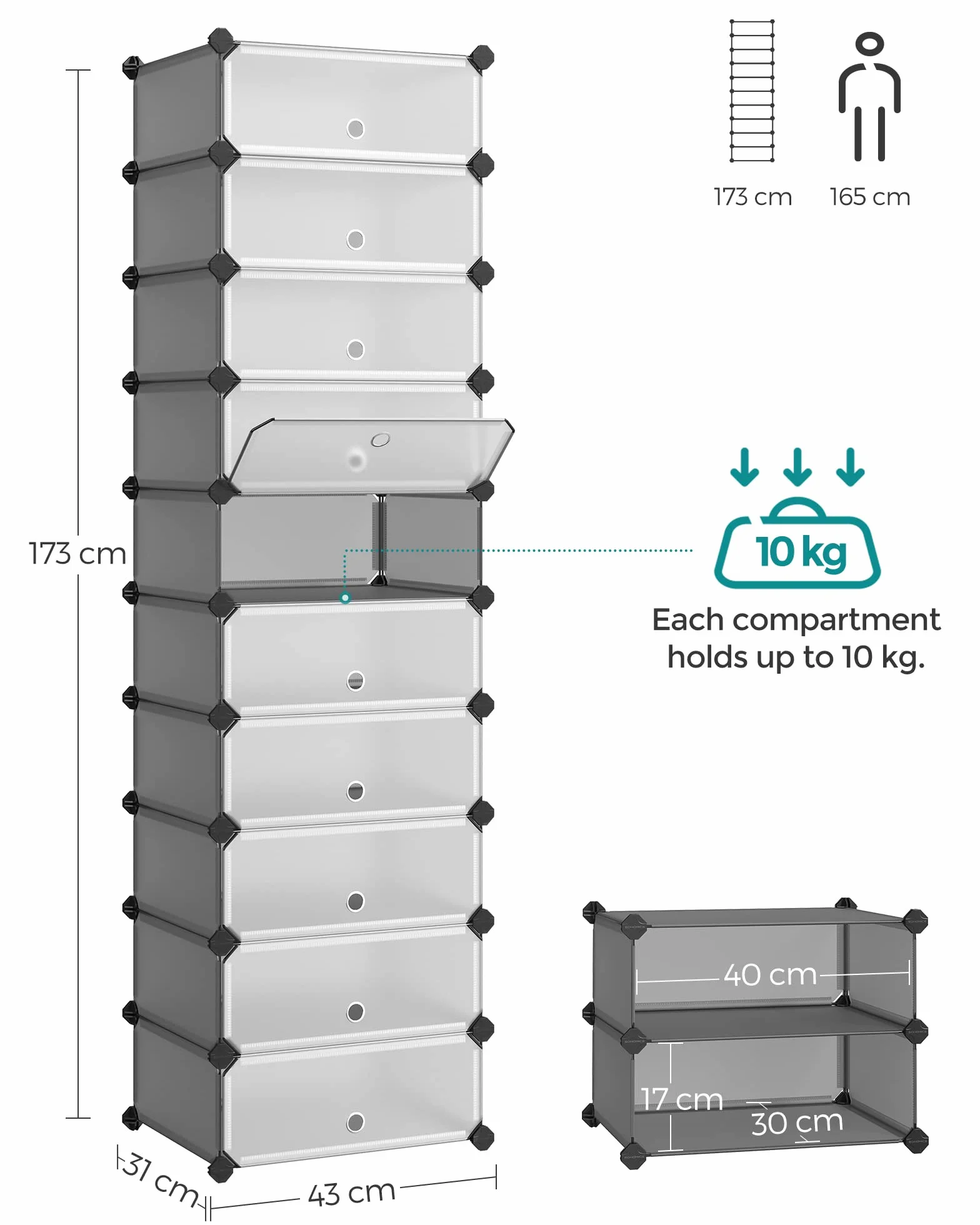 SONGMICS Zamykany stojak na buty, prostokątny organizer, 10-szczelinowy modułowy regał do przechowywania DIY, każdy moduł 40 x 30 x 17 cm, szafa z tworzywa sztucznego z drzwiami, szary LPC010G01