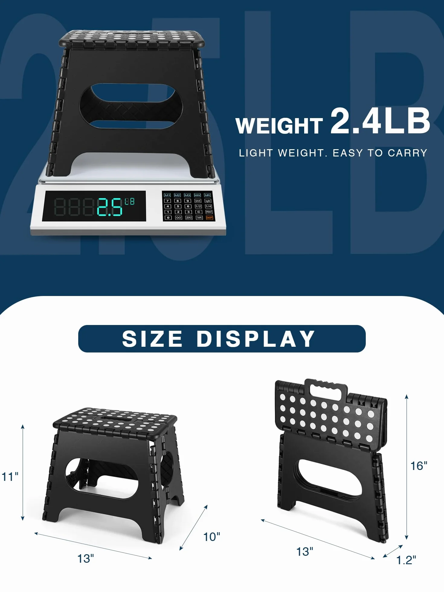 HOUSE DAY Stołek składany z tworzywa sztucznego 28 cm czarny antypoślizgowy nośność 136 kg