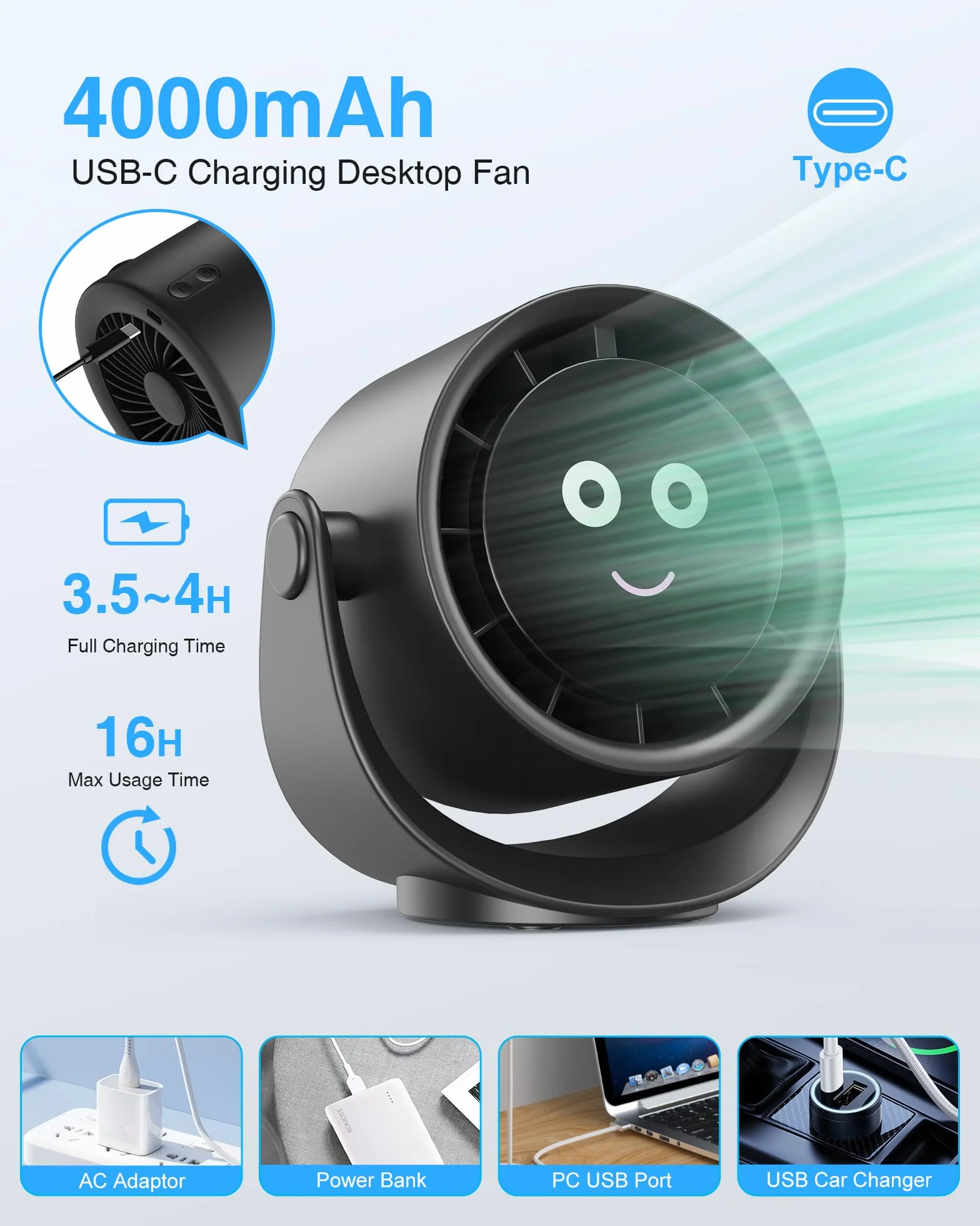 Fitabok Wentylator USB Biurkowy Mini Przenośny 5 Prędkości Obrót 360° Wyświetlacz LED Bateria 4000 mAh