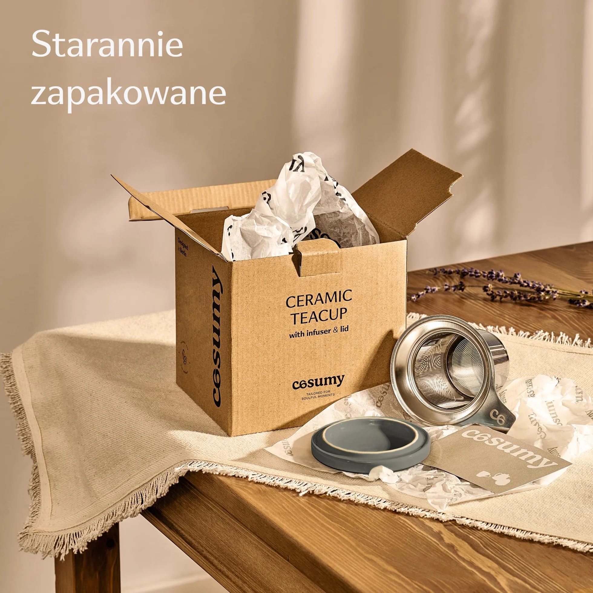 Cosumy Filiżanka z sitkiem i pokrywką - Ceramiczna - Długo utrzymuje ciepło - Duża 500 ml XXL - Można myć w zmywarce (Antracytowa)