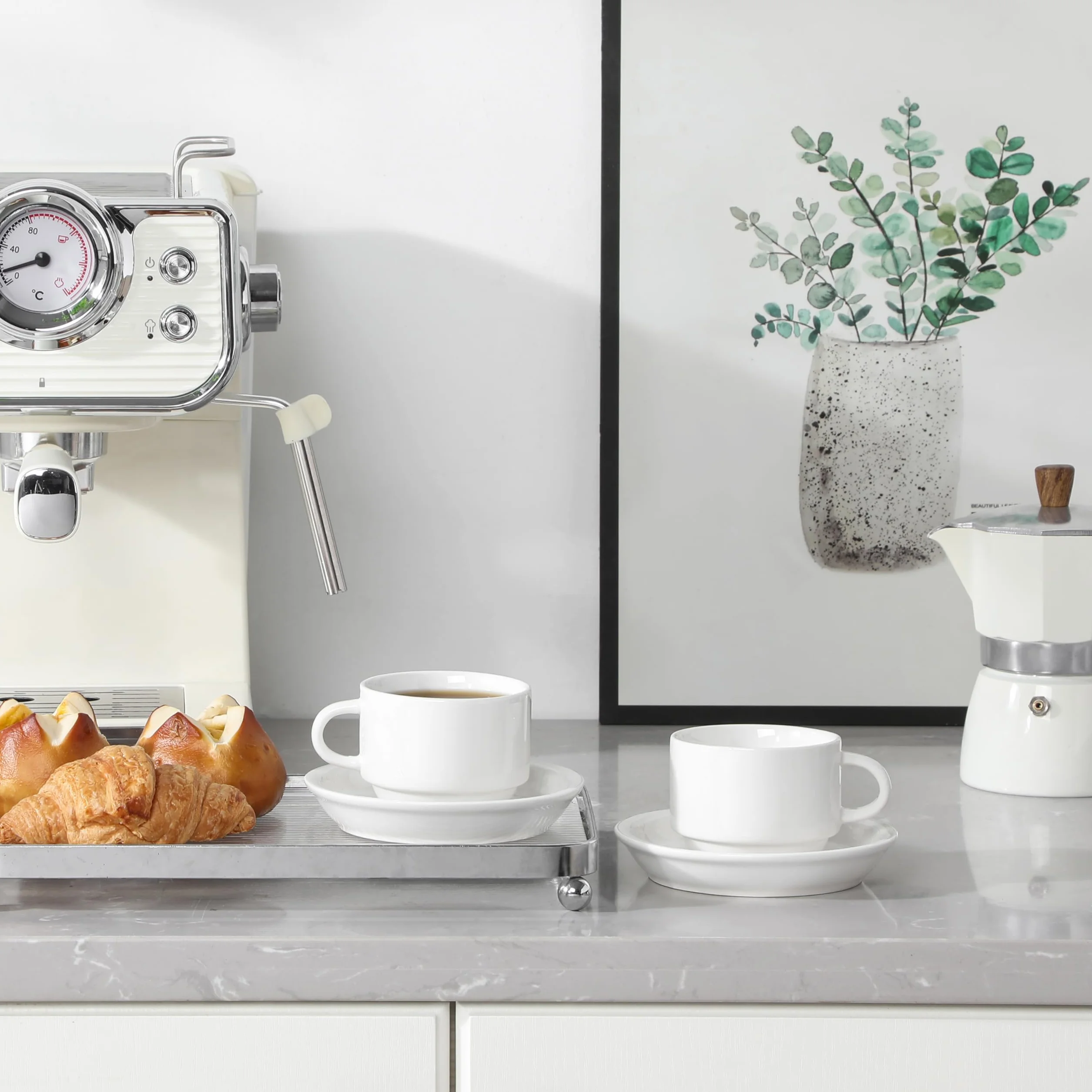 MALACASA REGULAR 4-częściowy zestaw filiżanek do kawy dla 4 osób, 150 ml, serwis do kawy z spodkiem i metalowym stojakiem, idealny do espresso, cappuccino, latte, moka i herbaty, biały