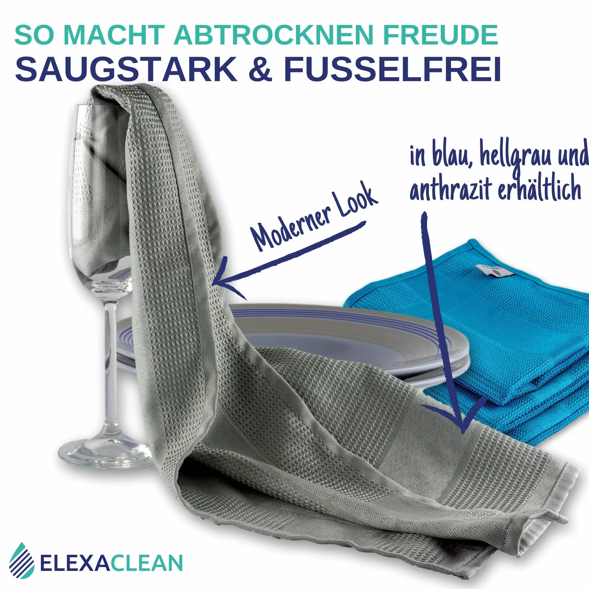 ELEXACLEAN ręczniki kuchenne mikrofibra (3 szt., 68x42 cm, antracyt) chłonne, można prać 60°C, nowoczesne wzornictwo