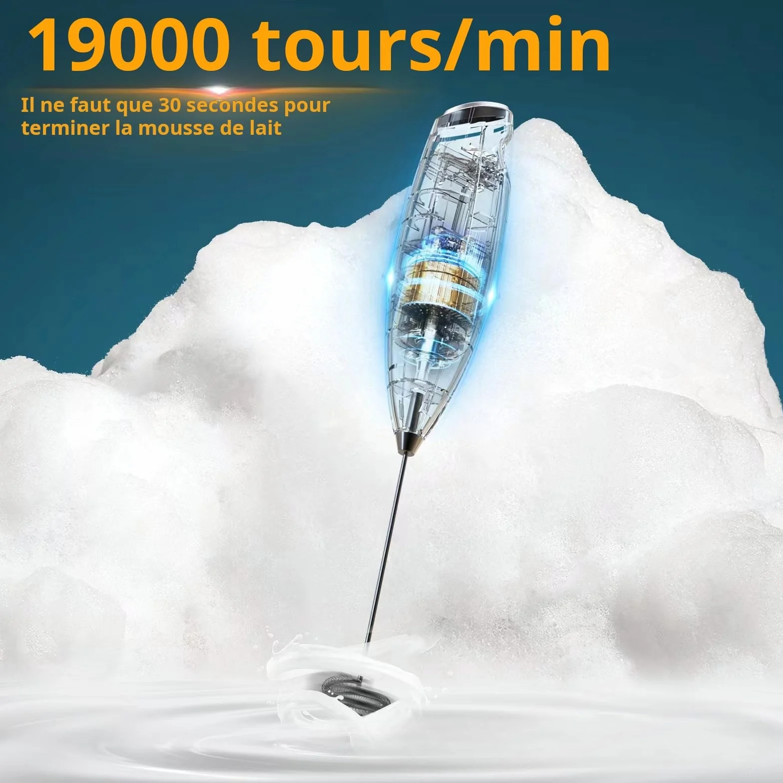 Elektryczny spieniacz do mleka na baterie, spieniacz do mleka z uchwytem ze stali nierdzewnej, 15-20s, mocny 19 000 obr./min, kawa do latte, cappuccino, gorąca czekolada, biały