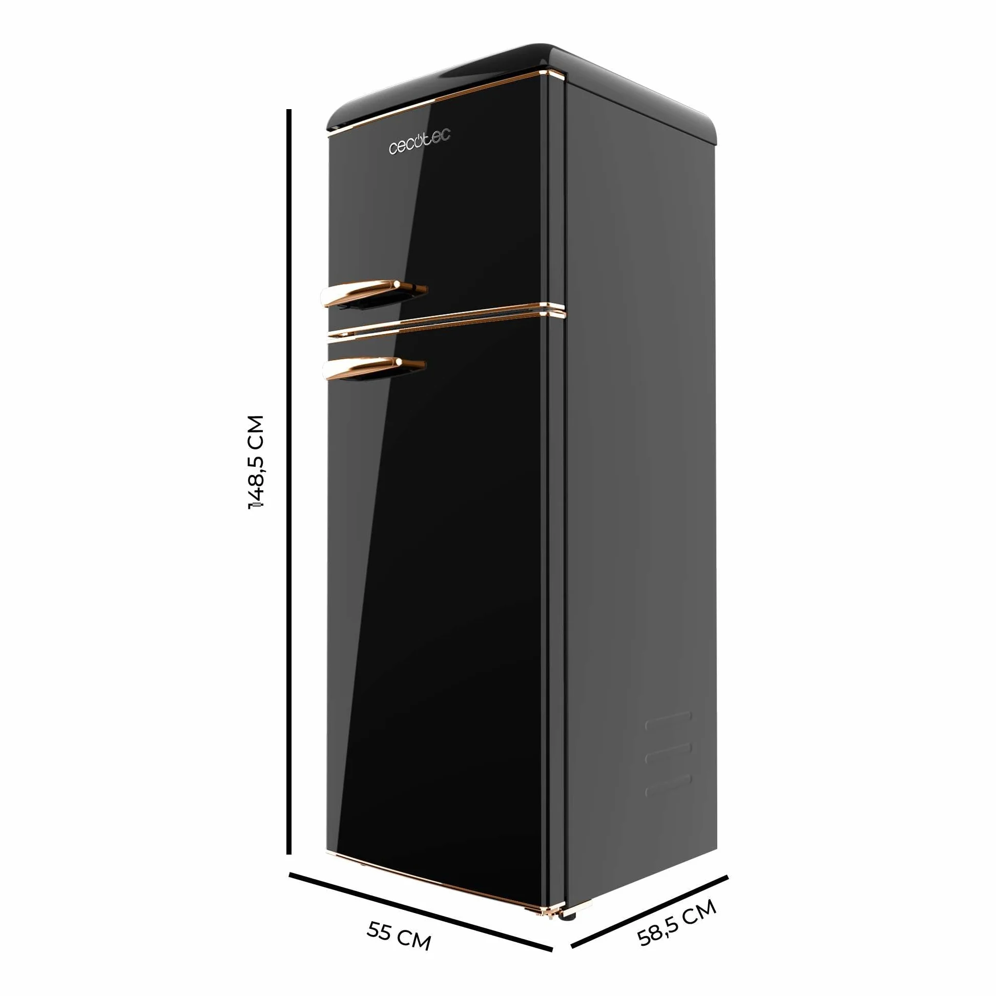 Cecotec 2-drzwiowa lodówka 215 l Bolero CoolMarket 2D Origin 215 Black E. Wysokość 148,2 cm i 55,2 cm szerokości, LED, chromowany uchwyt, szklane tace, regulacja temperatury, czarny