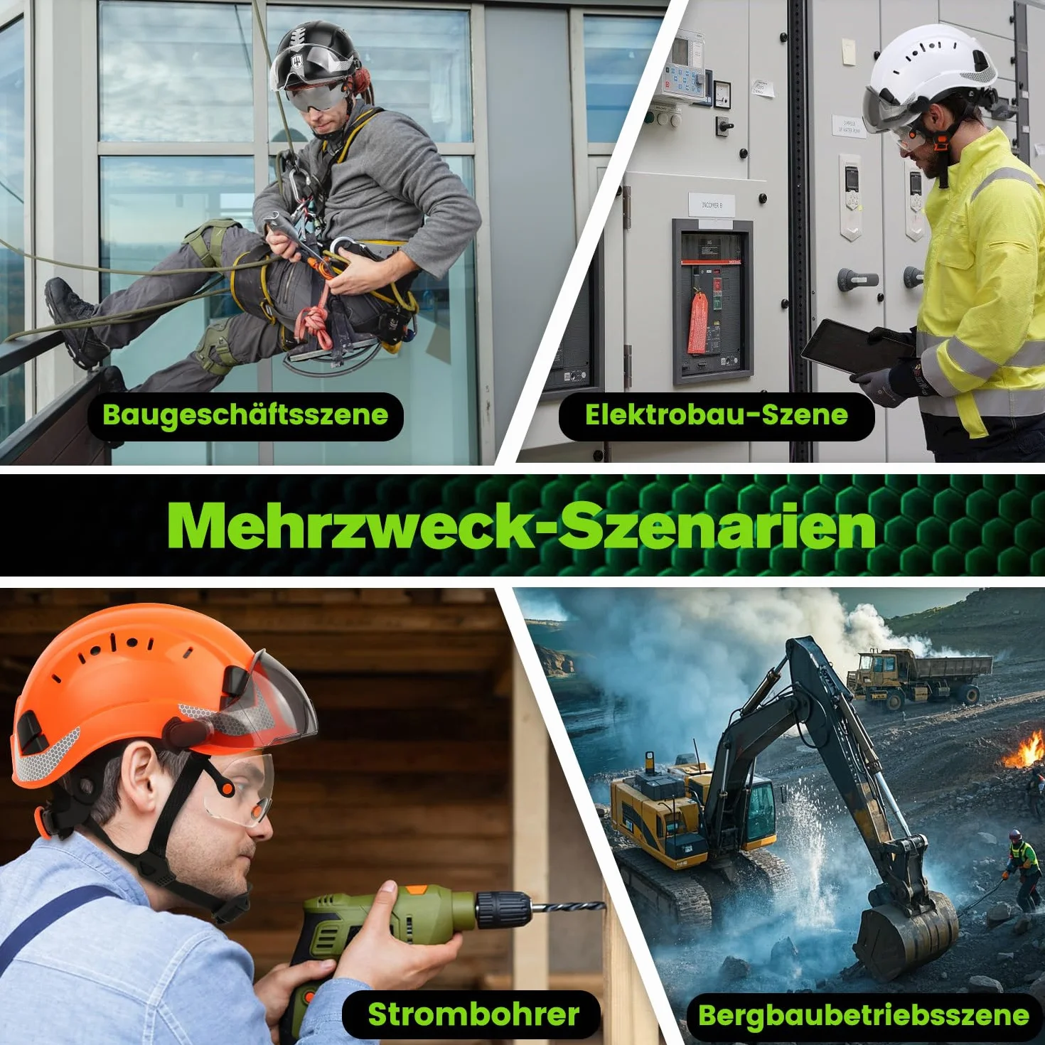 GREEN DEVIL EN397 & EN166 kask ochronny z certyfikatem przemysłowym z przyciemnianym + przezroczystym wizjerem | kask ochronny z podwójnym wizjerem do budownictwa, rzemiosła i przemysłu | wentylowany