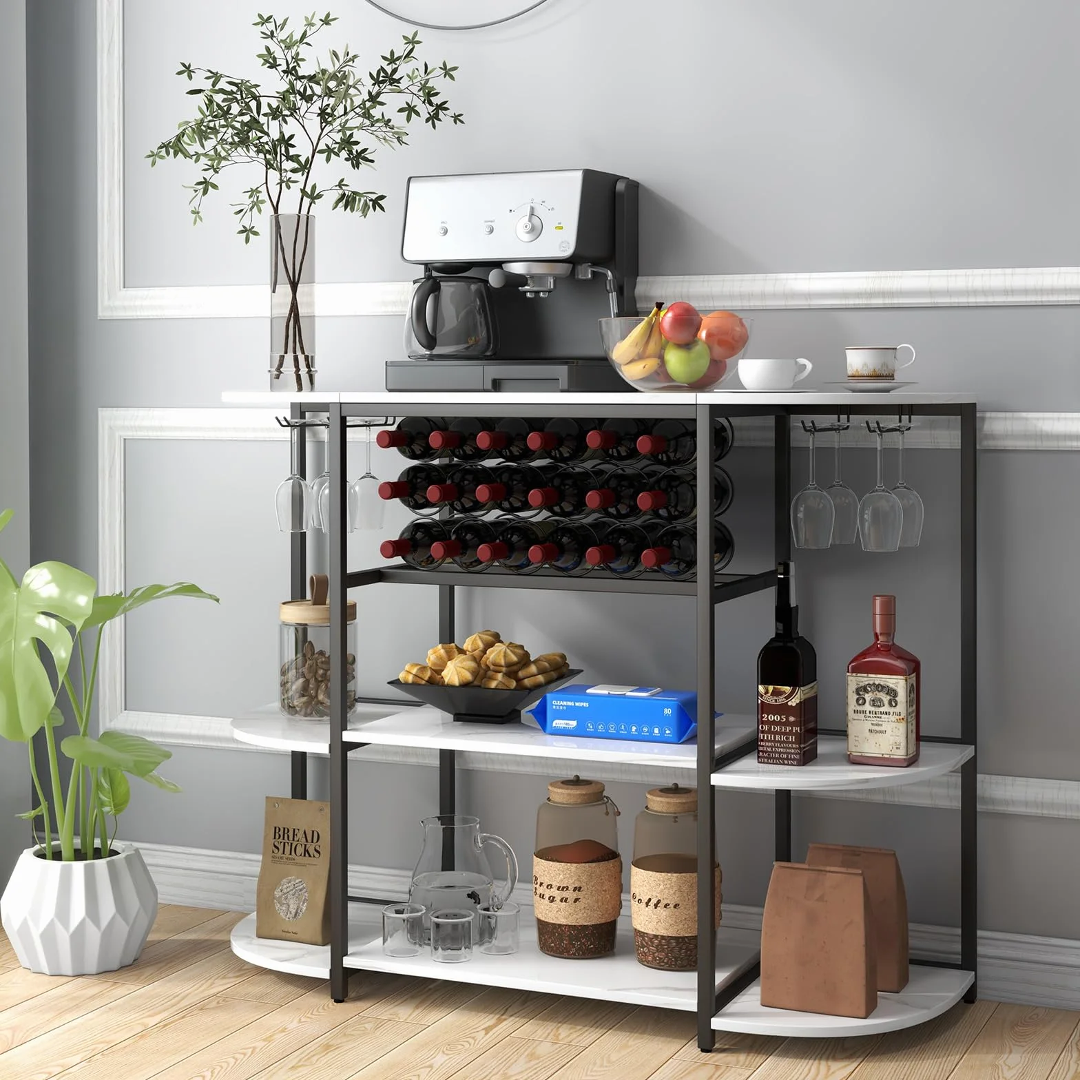 COSTWAY Stojak na wino 120 cm z uchwytem na szkło i półkami, 3-poziomowy regał na butelki na 18 butelek wina i 8 kieliszków, 120 x 40 x 91 cm (biały)