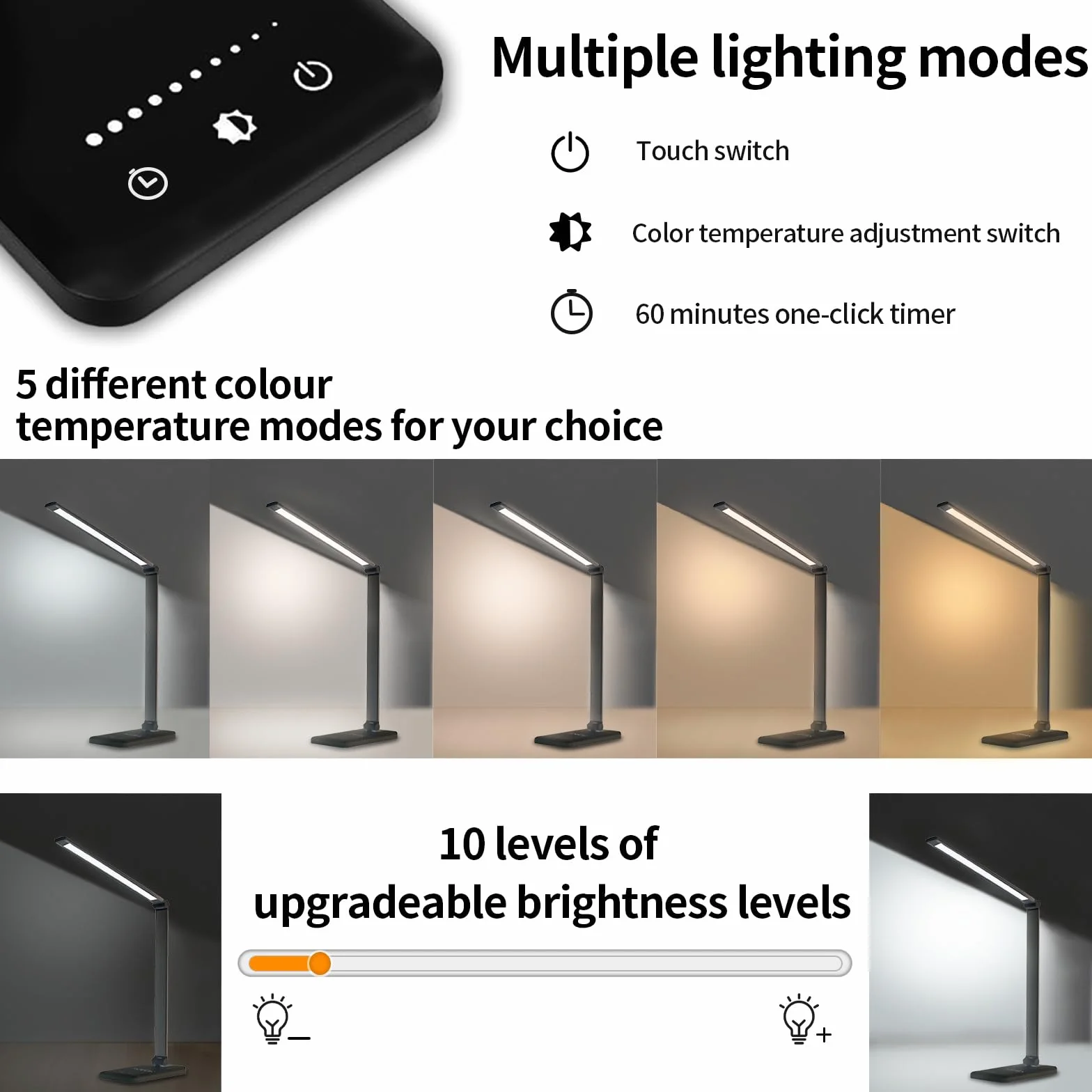 LQWELL® Lampa biurkowa LED o zmiennej intensywności, 5 kolorów, 10 poziomów jasności, przyjazna dla oczu lampka nocna, ładowanie USB, sterowanie dotykowe i funkcja pamięci biurowej