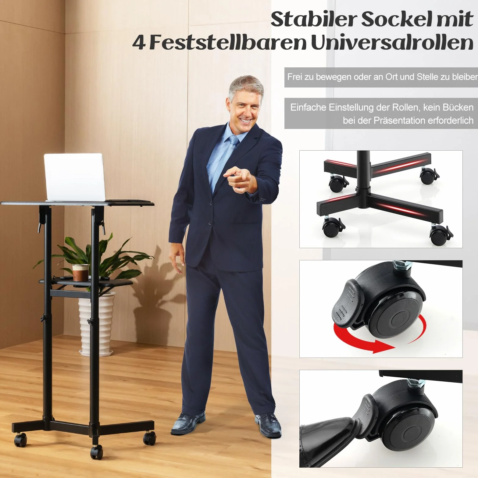 COSTWAY Mobilny pulpit mówniczy, stojący pulpit z regulacją wysokości, wózek na laptopa z uchylnym blatem stołu, półką i uchwytem na napoje, stojak na ambony z regulowanymi kółkami, do domu, biura
