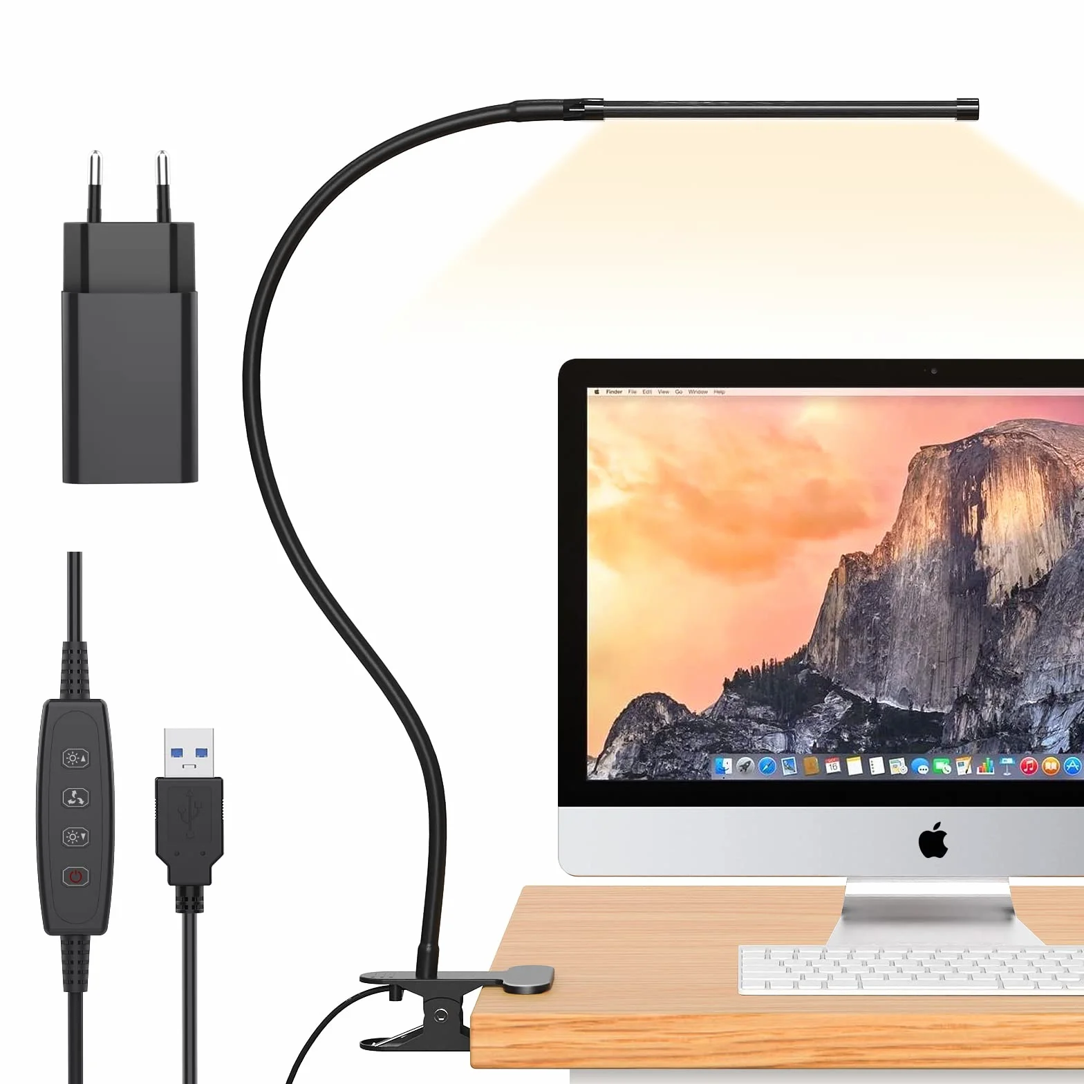 Lampa biurkowa iZELL 77 LED [niezwykła moc oświetlenia] Lampa 70 cm z zaciskiem, 3 kolory i 10 poziomów jasności 360° Elastyczna lampa do czytania z ładowarką USB do domu/bi