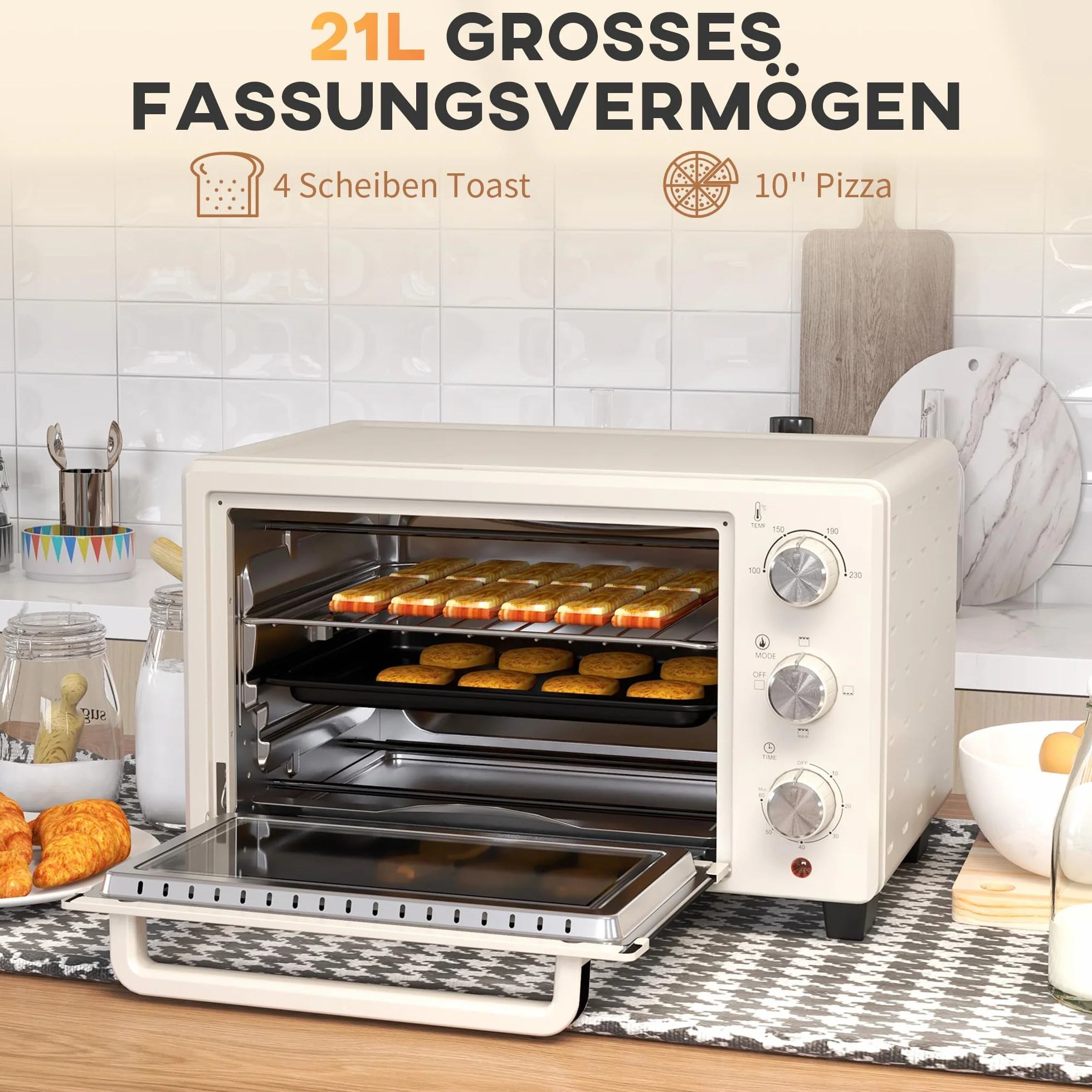 HOMCOM Mini piekarnik 21 l, 1400 W, 100-230°C, timer 60 min, blacha do pieczenia, ruszt do grillowania, pizza, kremowy biały
