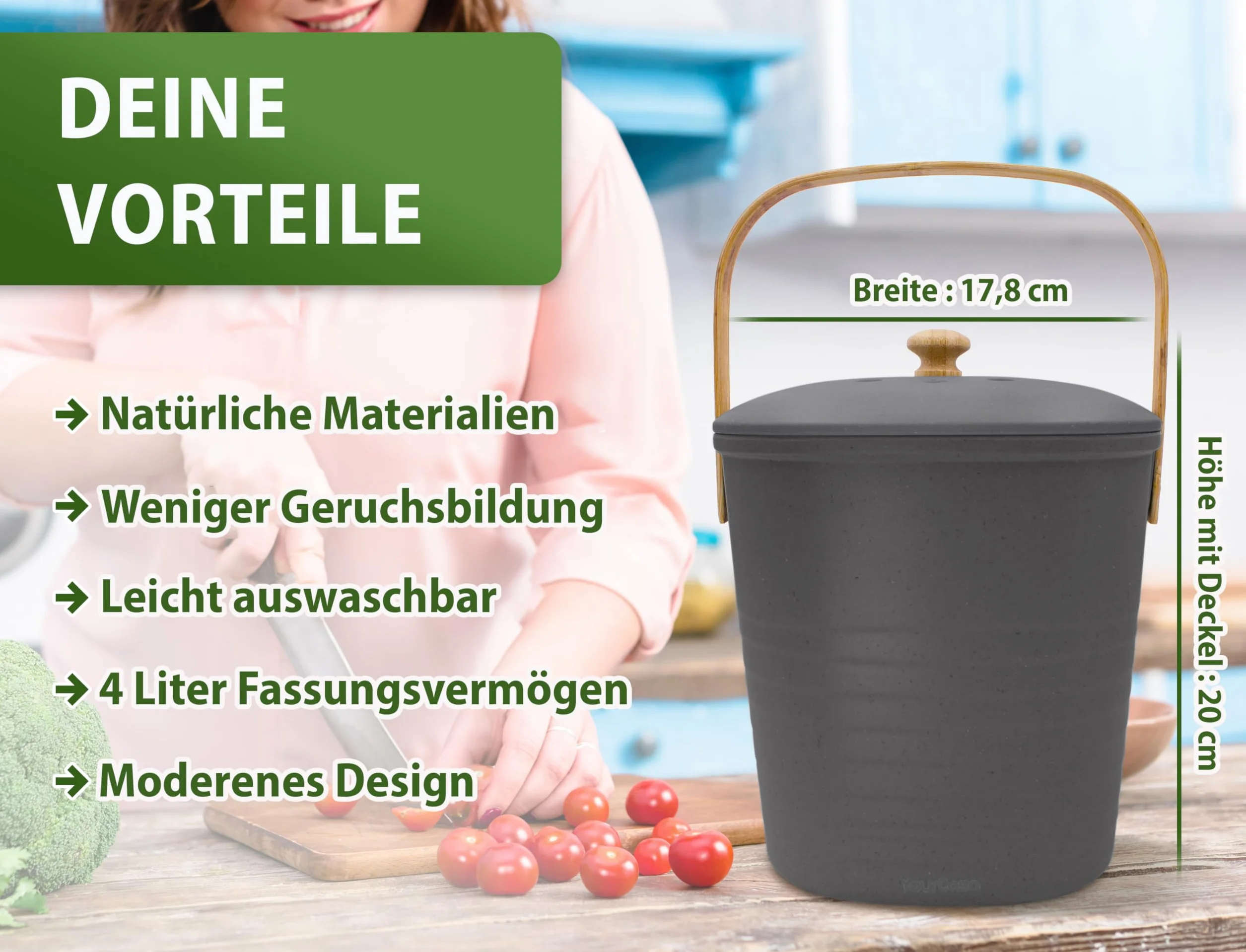 YourCasa Kosz na śmieci ekologiczny, mały, 4 l, bezzapachowy, na odpady organiczne, kosz na kompost z filtrem z węglem aktywnym, zrównoważony ekologiczny, z pokrywką, pojemnik na odpady organiczne (4