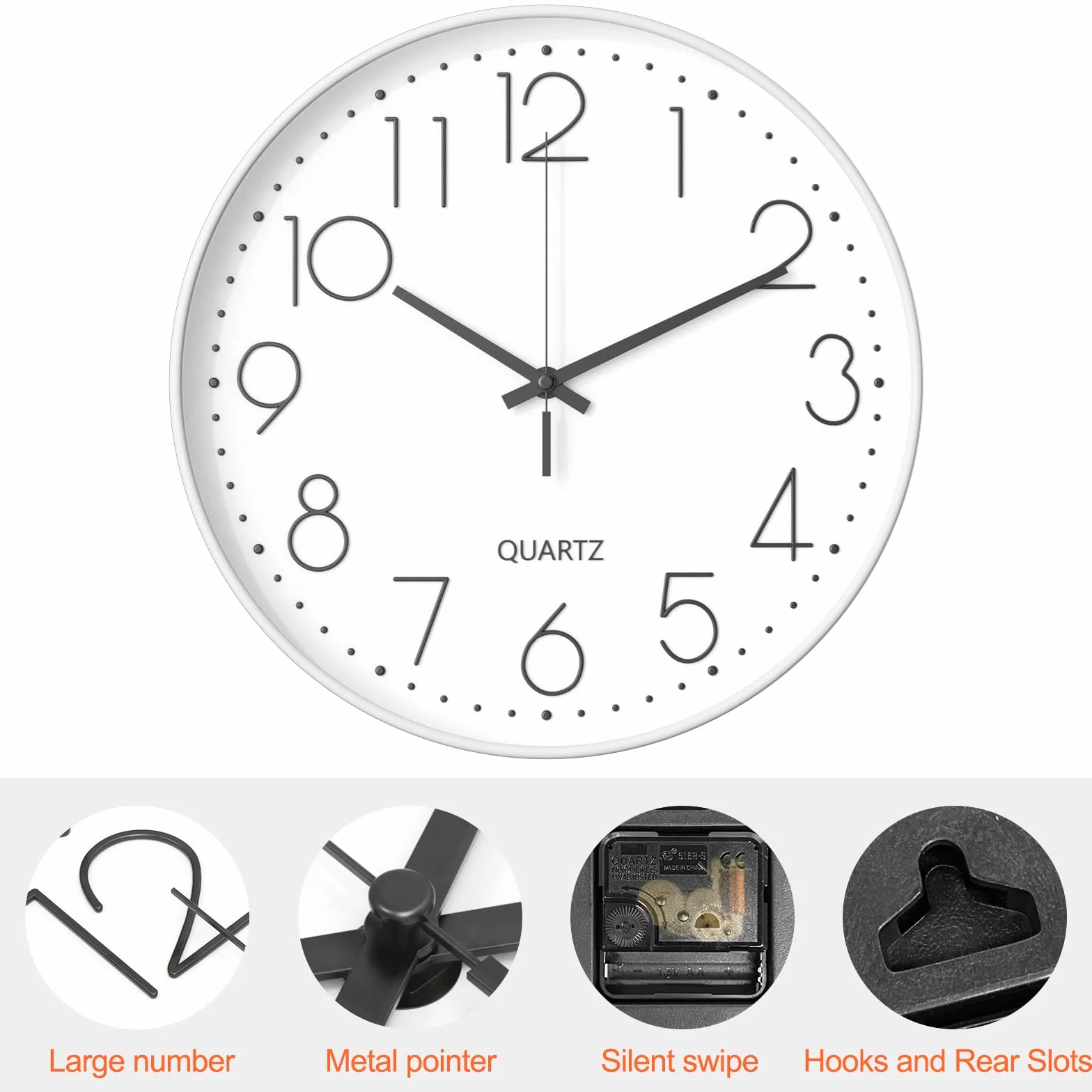 Uootach Zegar ścienny, cichy mechanizm kwarcowy, 30 cm, minimalistyczny nowoczesny czarny design, cichy zegar ścienny do salonu, kuchni, biura, sypialni (białe znaki)