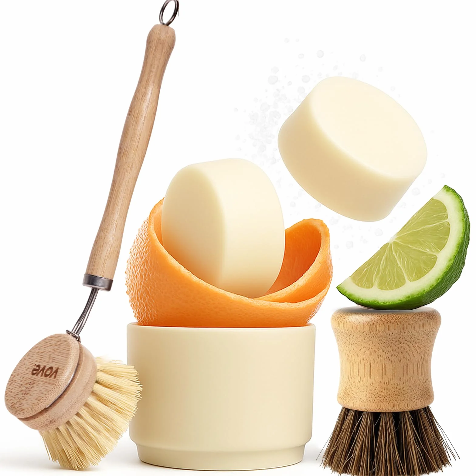 Vove Zestaw mydła do naczyń, 2 batony, 2 szczotki bambusowe i sizalowe, 1 kubek ceramiczny - mydło z oleju kokosowego na bazie roślin z olejkami eterycznymi z cytrusów, bambus, bez plastiku, zestaw do