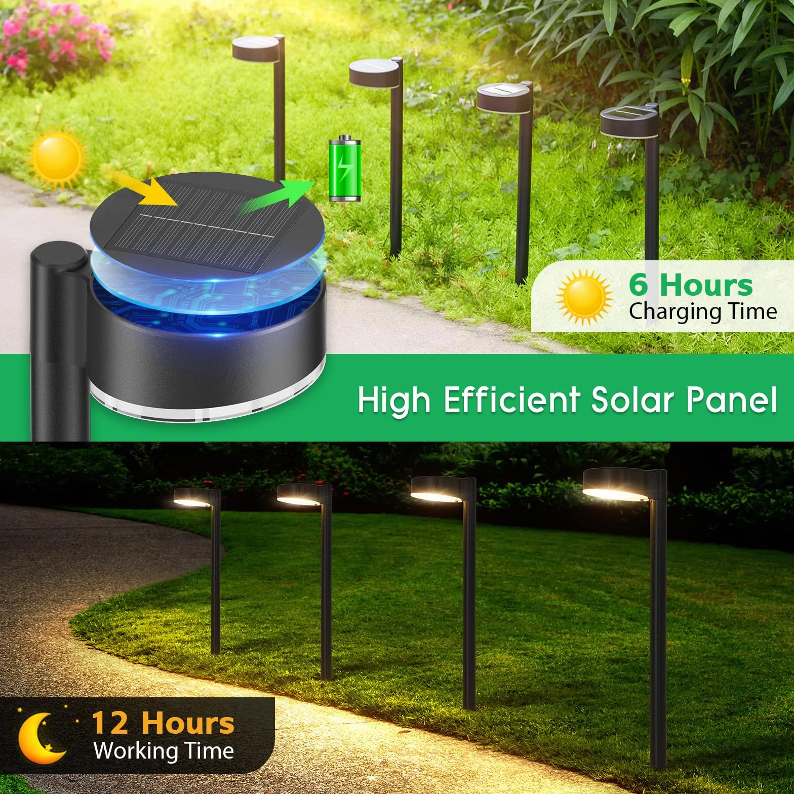 BUCASA Lampy solarne do ogrodu, 6 x 12 diod LED, jasne lampy solarne do użytku na zewnątrz, z dłuższym czasem pracy, wodoszczelność IP65, solarne lampy ogrodowe, dekoracja na trawnik, taras, podwórko