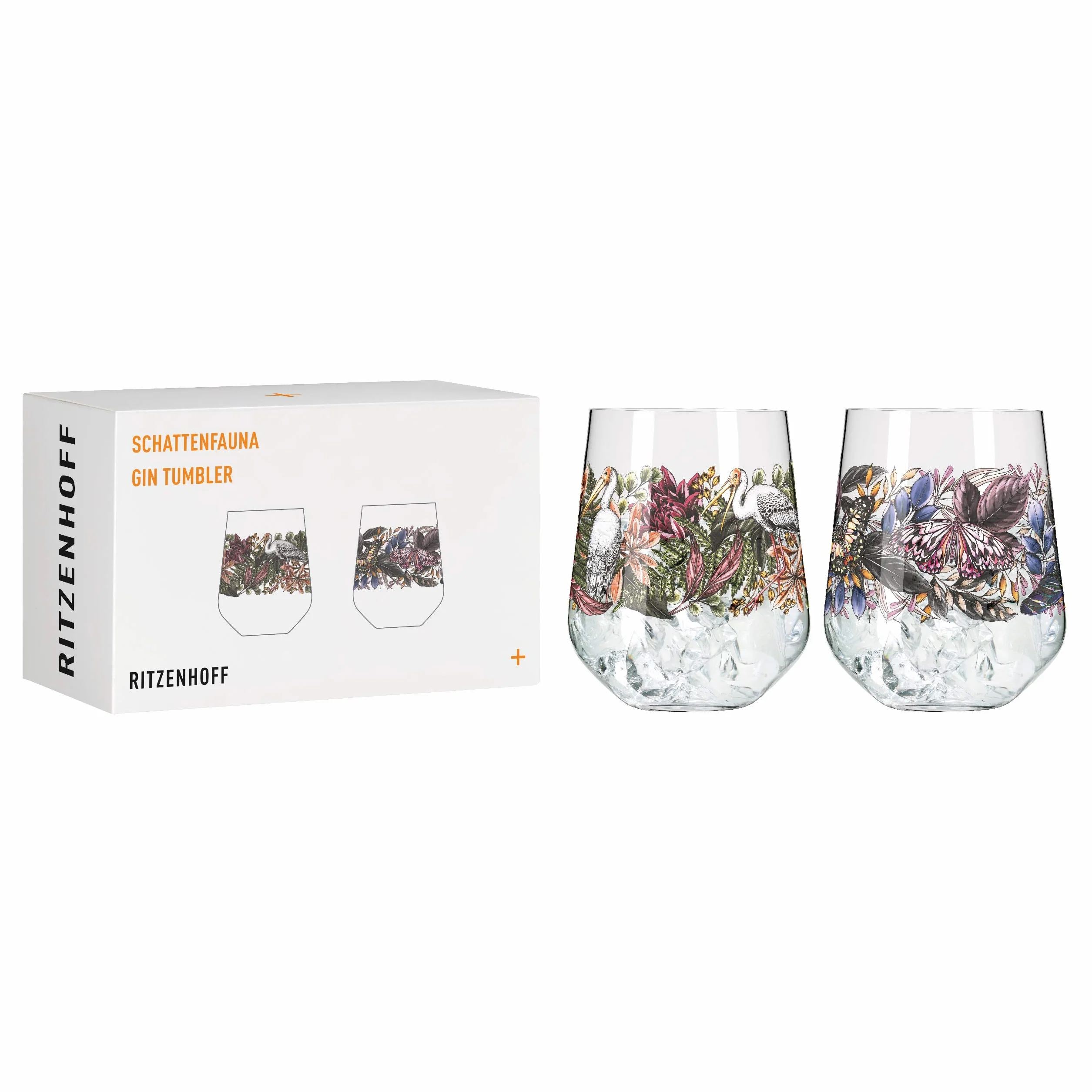 RITZENHOFF 3701001 Kieliszek do ginu, 700 ml, seria Shadow Fauna, zestaw nr 1, 2 sztuki, bocian i motyl - Made in Germany