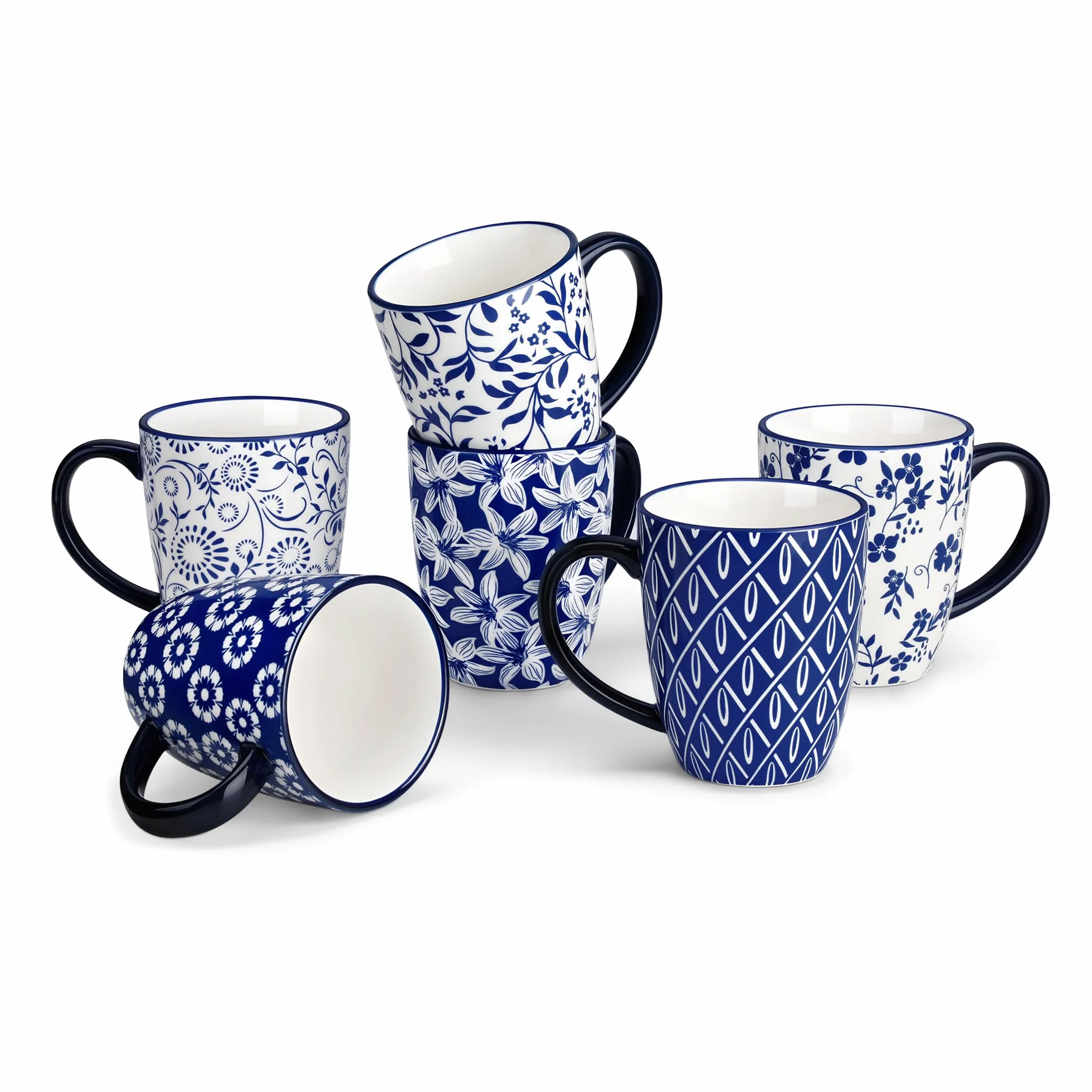 vancasso Zestaw 6 filiżanek do kawy, SELENE filiżanki z porcelany, 360 ml kubek do kawy z uchwytem, filiżanka do kawy, mleka, herbaty i kakao, vintage niebiesko-biały