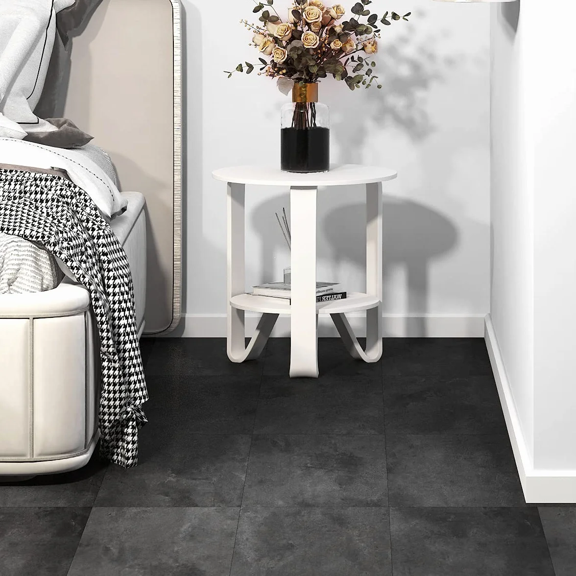 Livelynine Podłogi PCV samoprzylepne wygląd płytek 30x30cm podłogi winylowe samoprzylepne antracytowe wodoodporne płytki podłoga kuchenna Podłoga PCV do łazienki przedpokój sypialnia salon 4 płytki