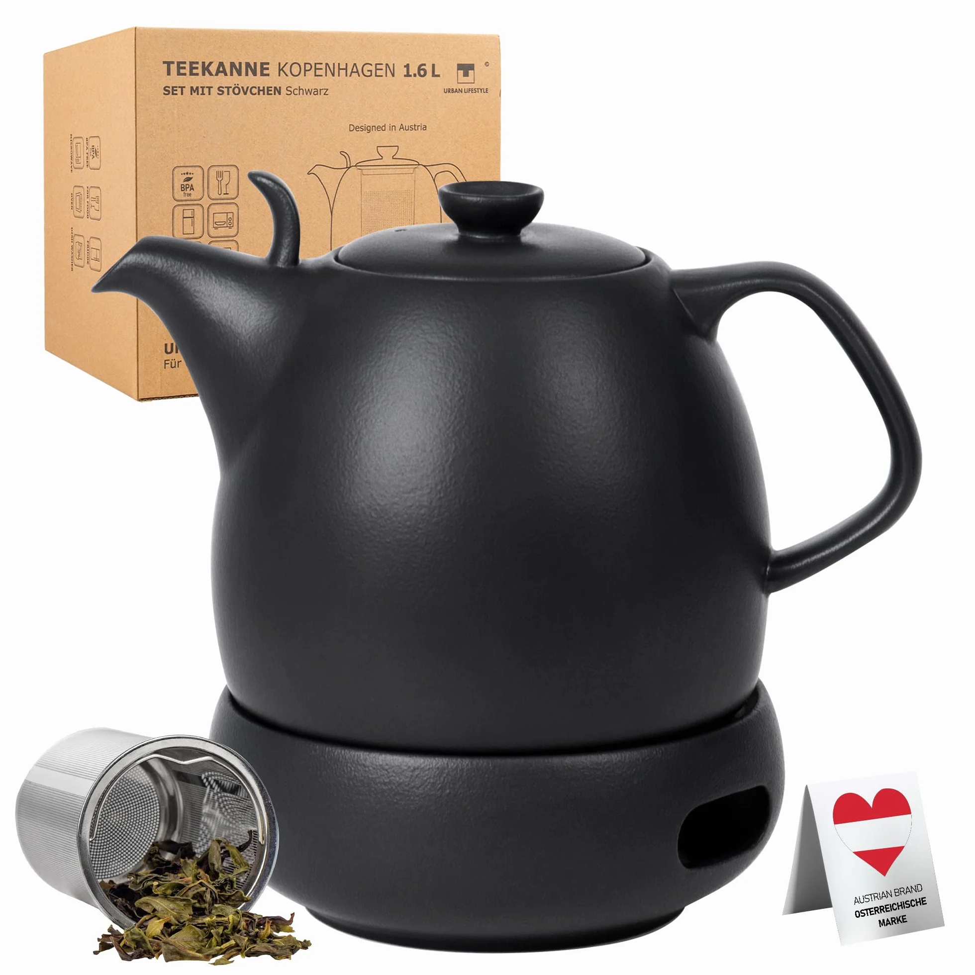 Urban Lifestyle czajnik do herbaty z podgrzewaczem 1,6 L porcelanowy czajnik czarny mat z zaparzaczem ze stali nierdzewnej do herbaty sypanej z filtrem zestaw do herbaty Copenhagen