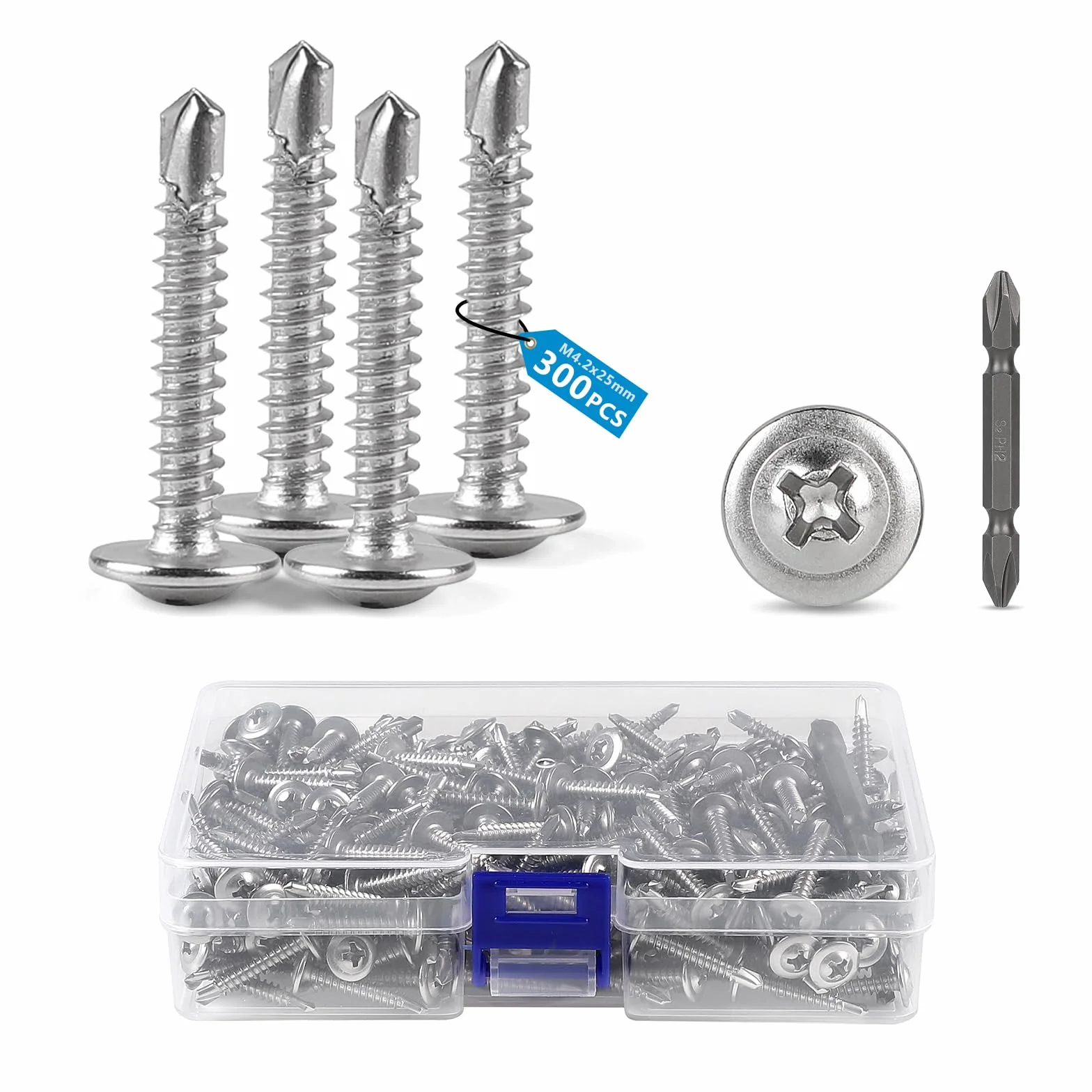 300 sztuk wkrętów do blachy, M4,2 x 25 mm, ze stali nierdzewnej, płaskie, wkręty z łbem wpuszczanym, z bitami, Phillips, śruby do wiertarki, do drewna, plastiku i blachy, samogwintujące, 300