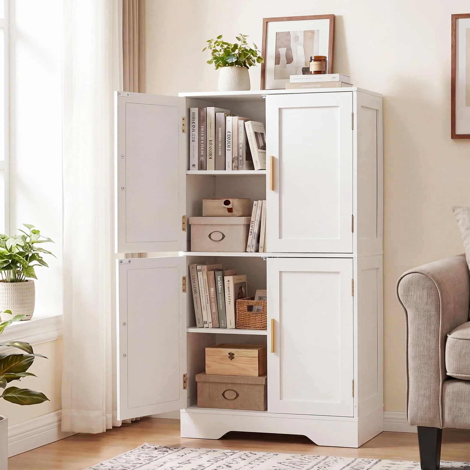 COSTWAY Szafka kuchenna z drewna, szafka na zapasy, kuchnia, szafka bufetowa z 4 drzwiami i 2 regulowanymi półkami, wolnostojąca szafka do przechowywania, do salonu, jadalni, 60 x 30 x 110 cm (biała)