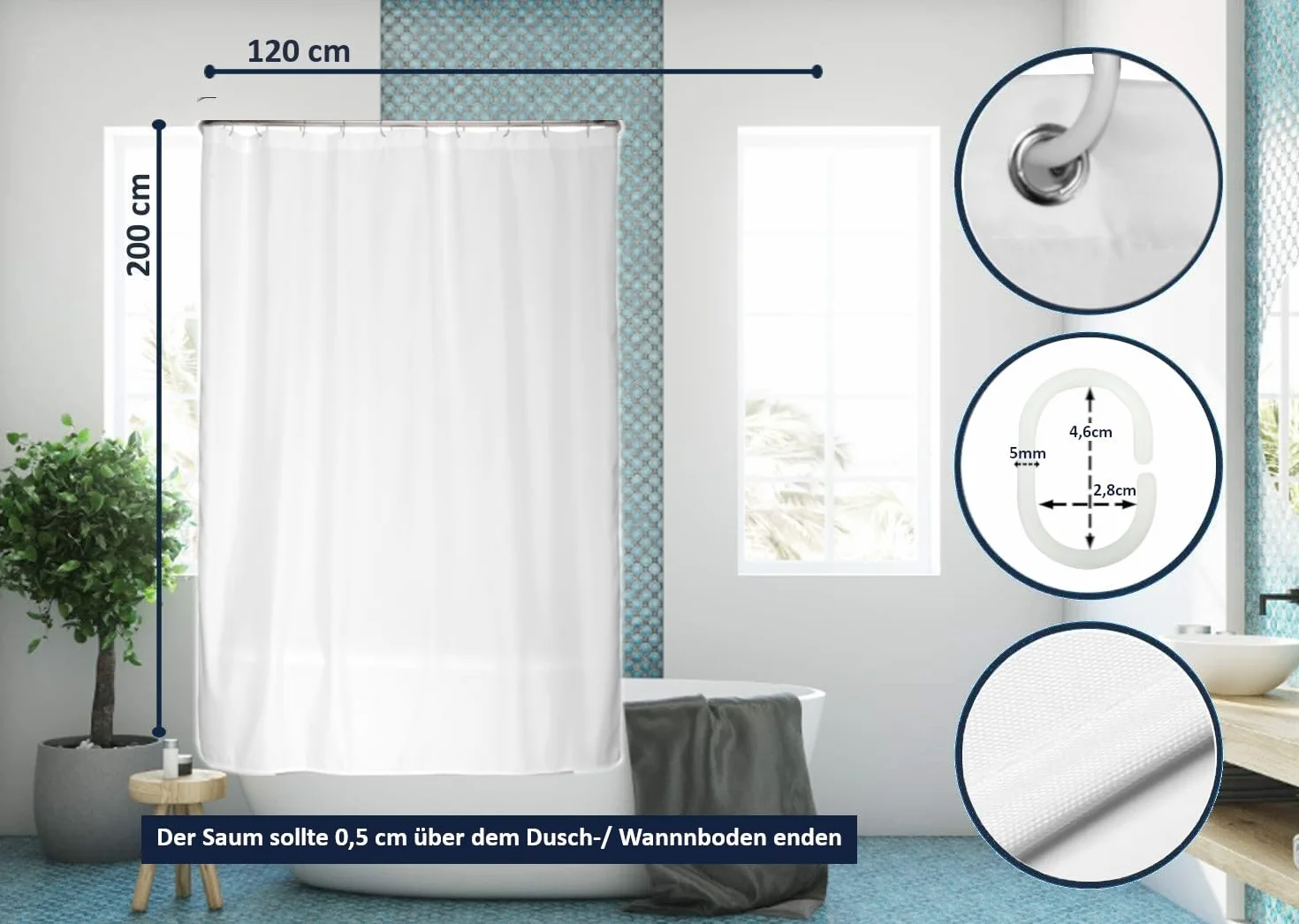 arteneur® - Zasłona prysznicowa biała - antypleśniowa zasłona prysznicowa 120 x 200 cm, z recyklingu ze standardem Öko-Tex 100, obciążone obszycie, nieprzejrzysta, wodoszczelna, nadaje się do prania,