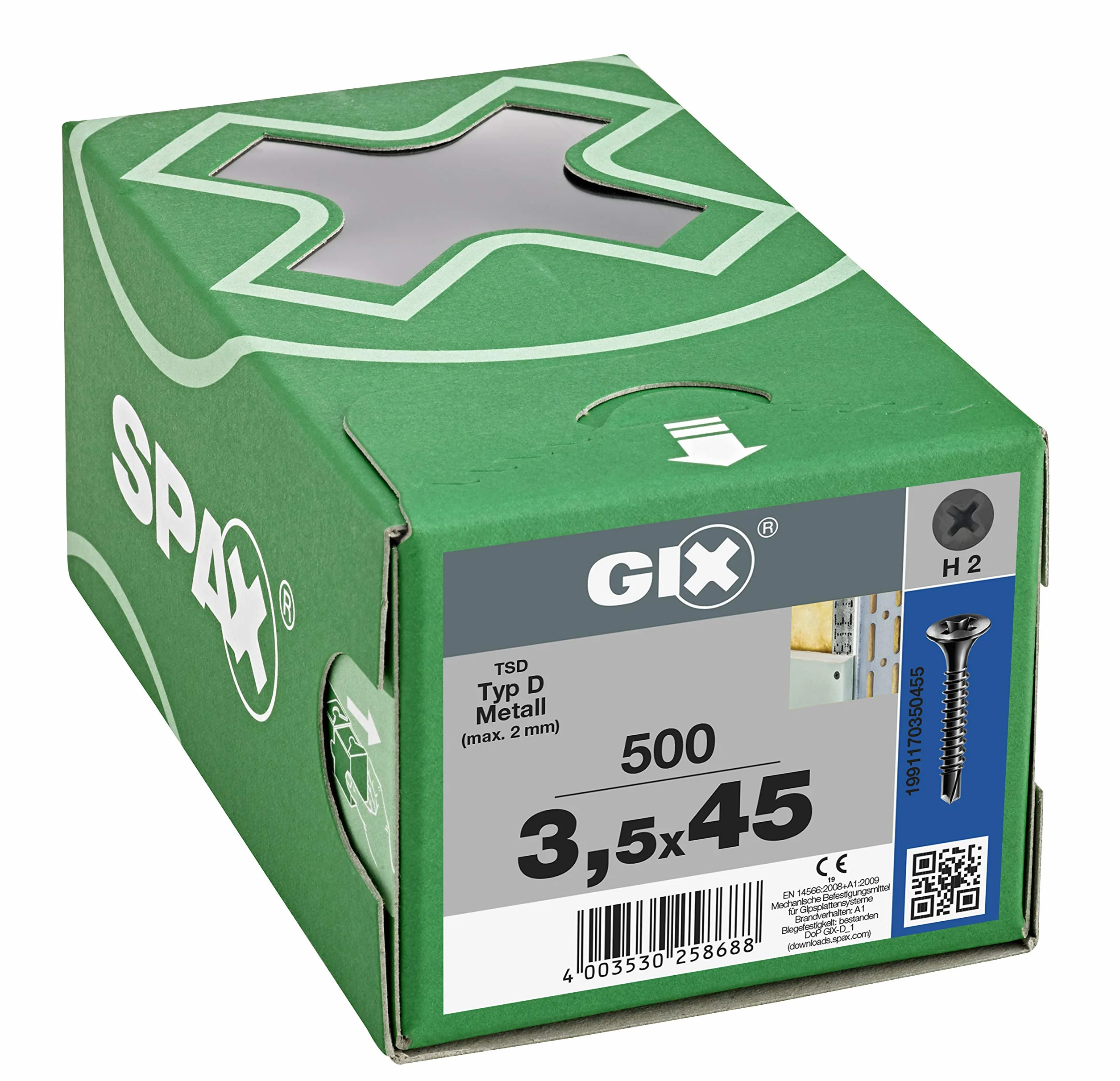 SPAX GIX-D śruby do szybkiego montażu 3,5 x 45 mm, pełny gwint, 500 sztuk, końcówka wiertnicza, rowek krzyżowy H2, łeb trąbkowy, śruby do płyt gipsowo-kartonowych do wzmocnionych profili metalowych – 1991170350455