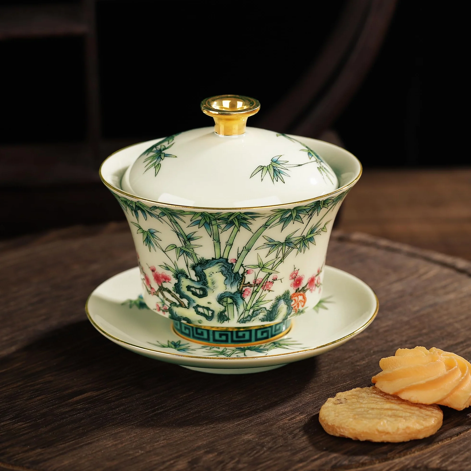 fanquare Chiński Gaiwan czerwone kwiaty śliwy zielony bambus porcelana Sancai miska do herbaty z pokrywką vintage filiżanka spodek zestaw 200 ml